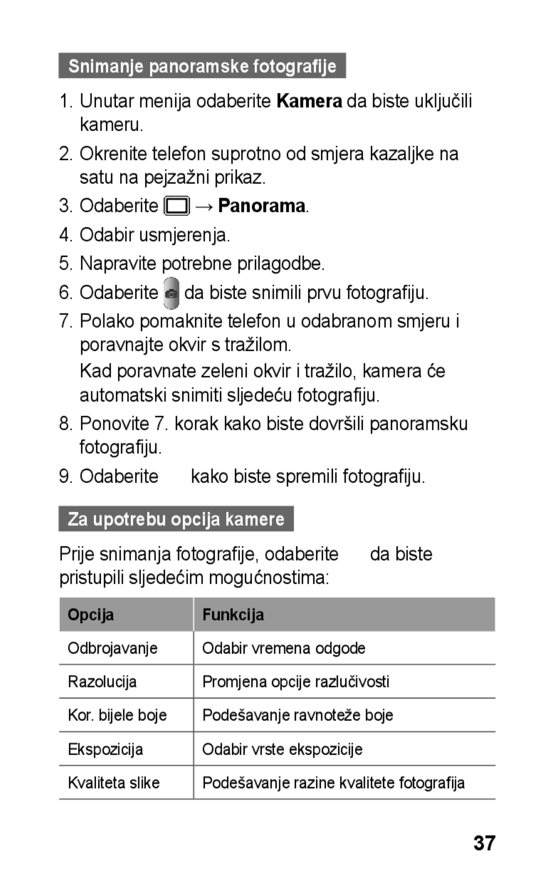 Samsung GT-S5260OKAVIP, GT-S5260RWATWO manual Snimanje panoramske fotografije, Za upotrebu opcija kamere, Opcija Funkcija 