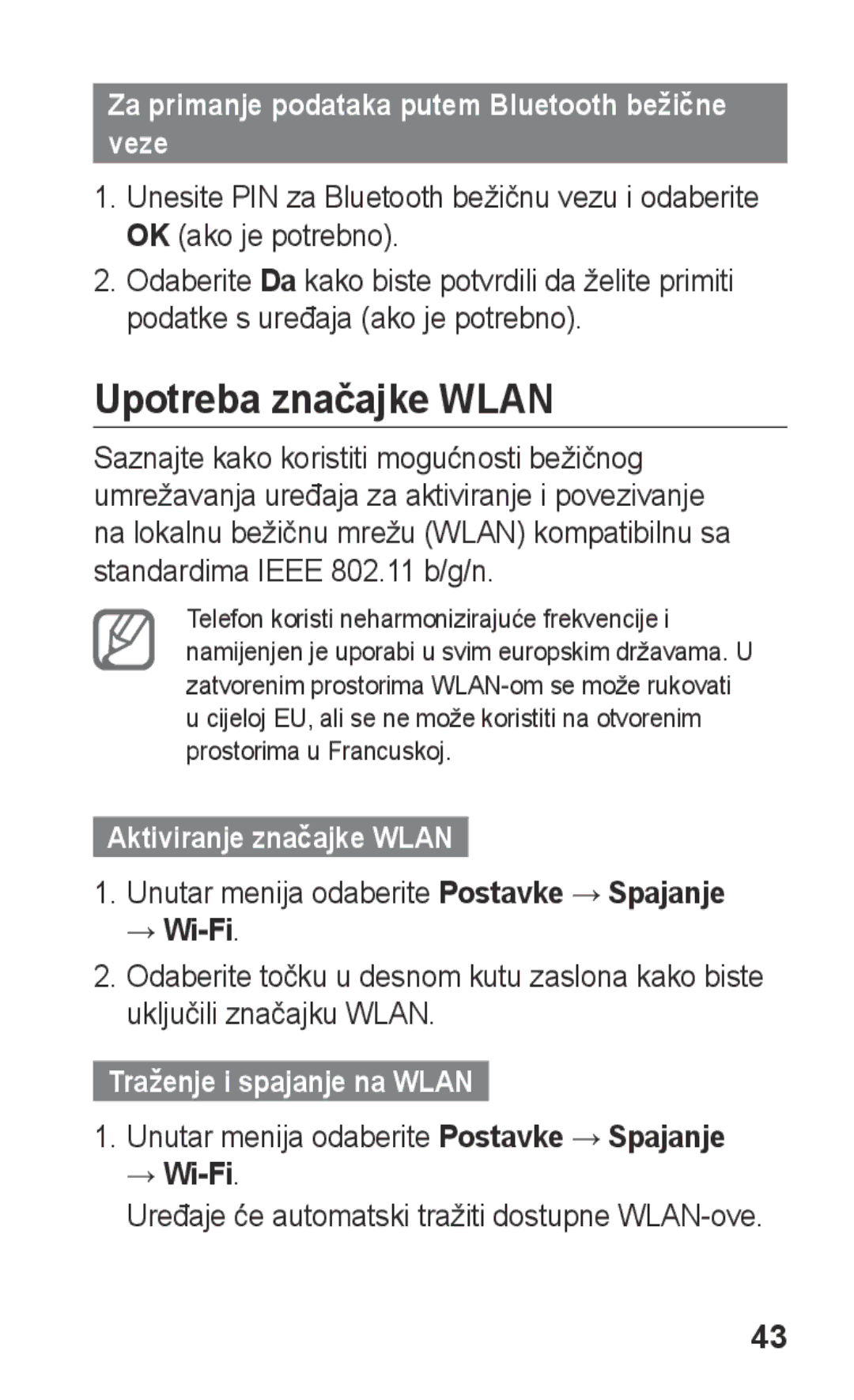 Samsung GT-S5260OKAVIP, GT-S5260RWATWO manual Upotreba značajke Wlan, Za primanje podataka putem Bluetooth bežične veze 