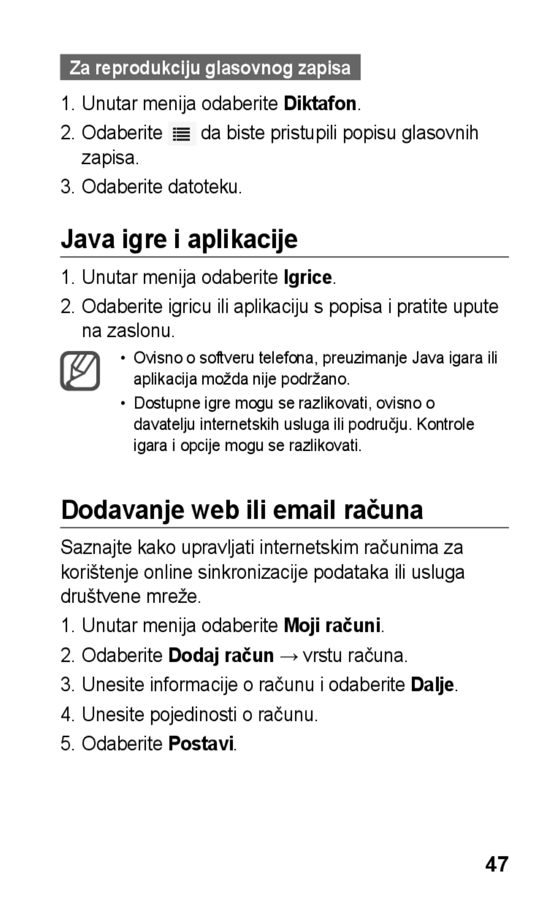 Samsung GT-S5260OKATWO manual Java igre i aplikacije, Dodavanje web ili email računa, Za reprodukciju glasovnog zapisa 