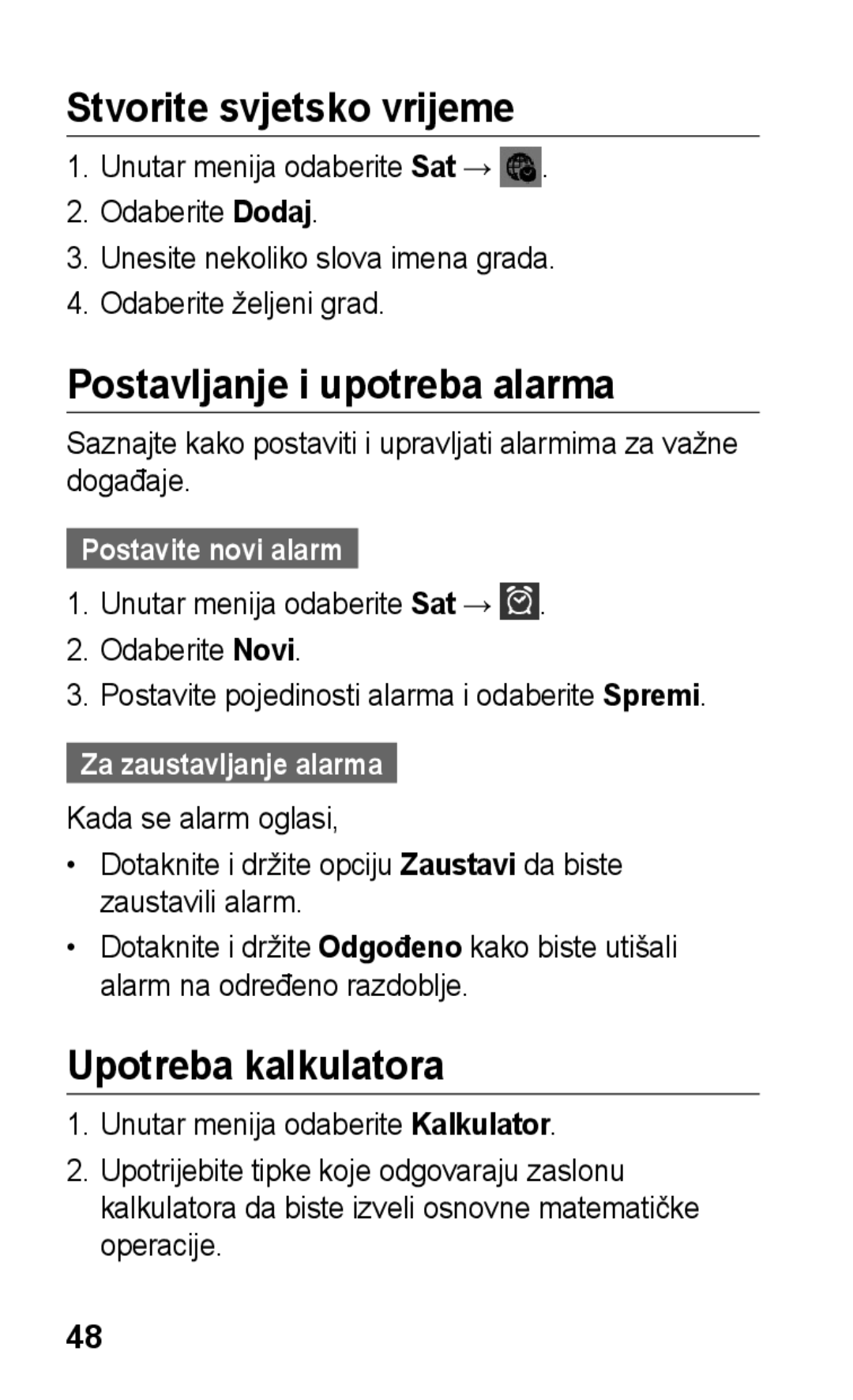 Samsung GT-S5260RWATWO, GT-S5260OKAVIP Stvorite svjetsko vrijeme, Postavljanje i upotreba alarma, Upotreba kalkulatora 