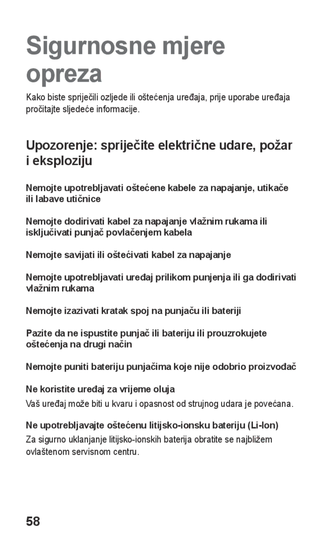 Samsung GT-S5260RWAVIP, GT-S5260RWATWO, GT-S5260OKAVIP manual Upozorenje spriječite električne udare, požar i eksploziju 