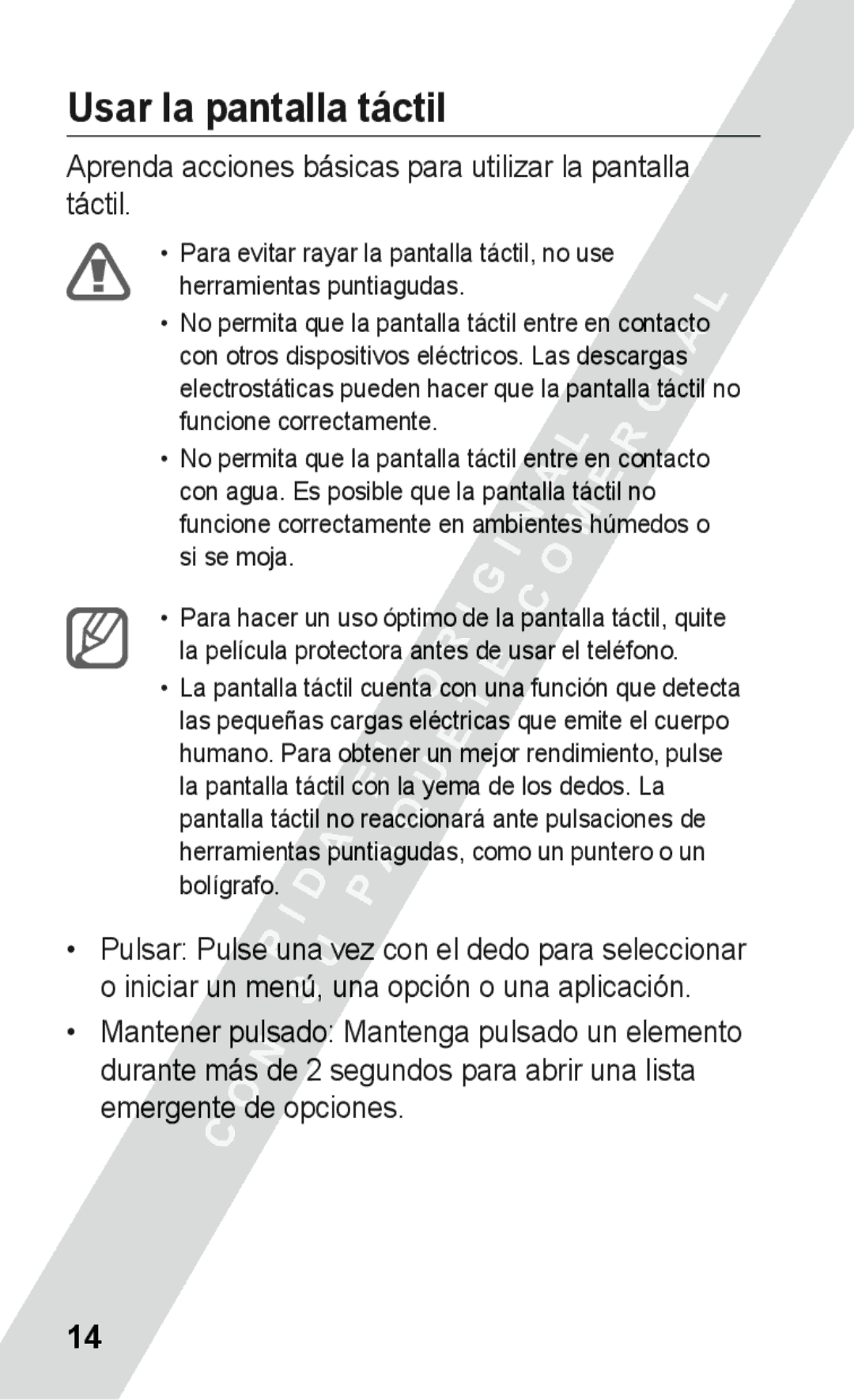 Samsung GT-S5260OKAATL, GT-S5260RWAXEC Usar la pantalla táctil, Aprenda acciones básicas para utilizar la pantalla táctil 