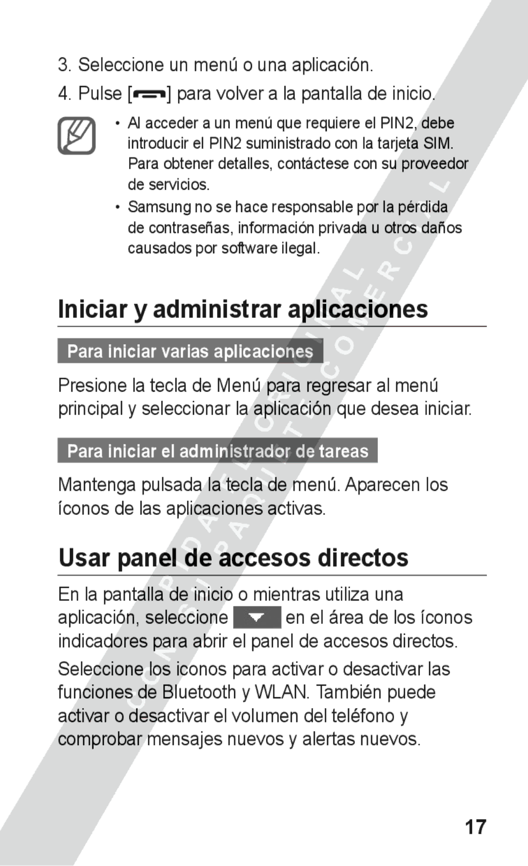 Samsung GT-S5260OKAFOP, GT-S5260RWAXEC, GT-S5260RWAATL Iniciar y administrar aplicaciones, Usar panel de accesos directos 