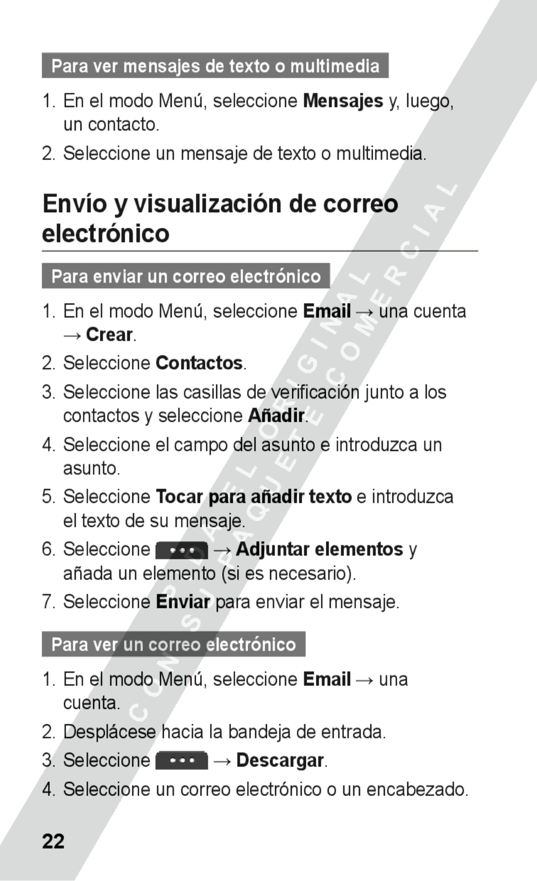 Samsung GT-S5260OKAYOG manual Envío y visualización de correo electrónico, Para ver mensajes de texto o multimedia 