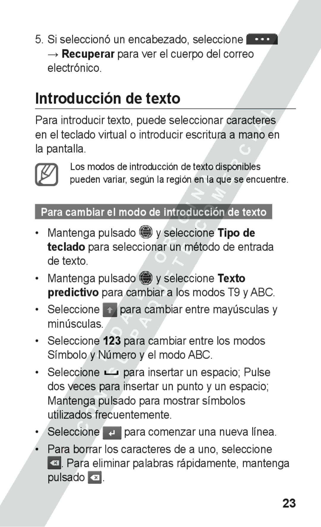 Samsung GT-S5260OKAATL, GT-S5260RWAXEC manual Introducción de texto, Seleccione para cambiar entre mayúsculas y minúsculas 