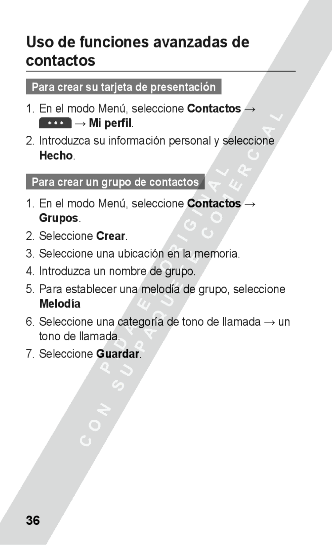 Samsung GT-S5260RWAXEC, GT-S5260RWAATL manual Uso de funciones avanzadas de contactos, Para crear su tarjeta de presentación 