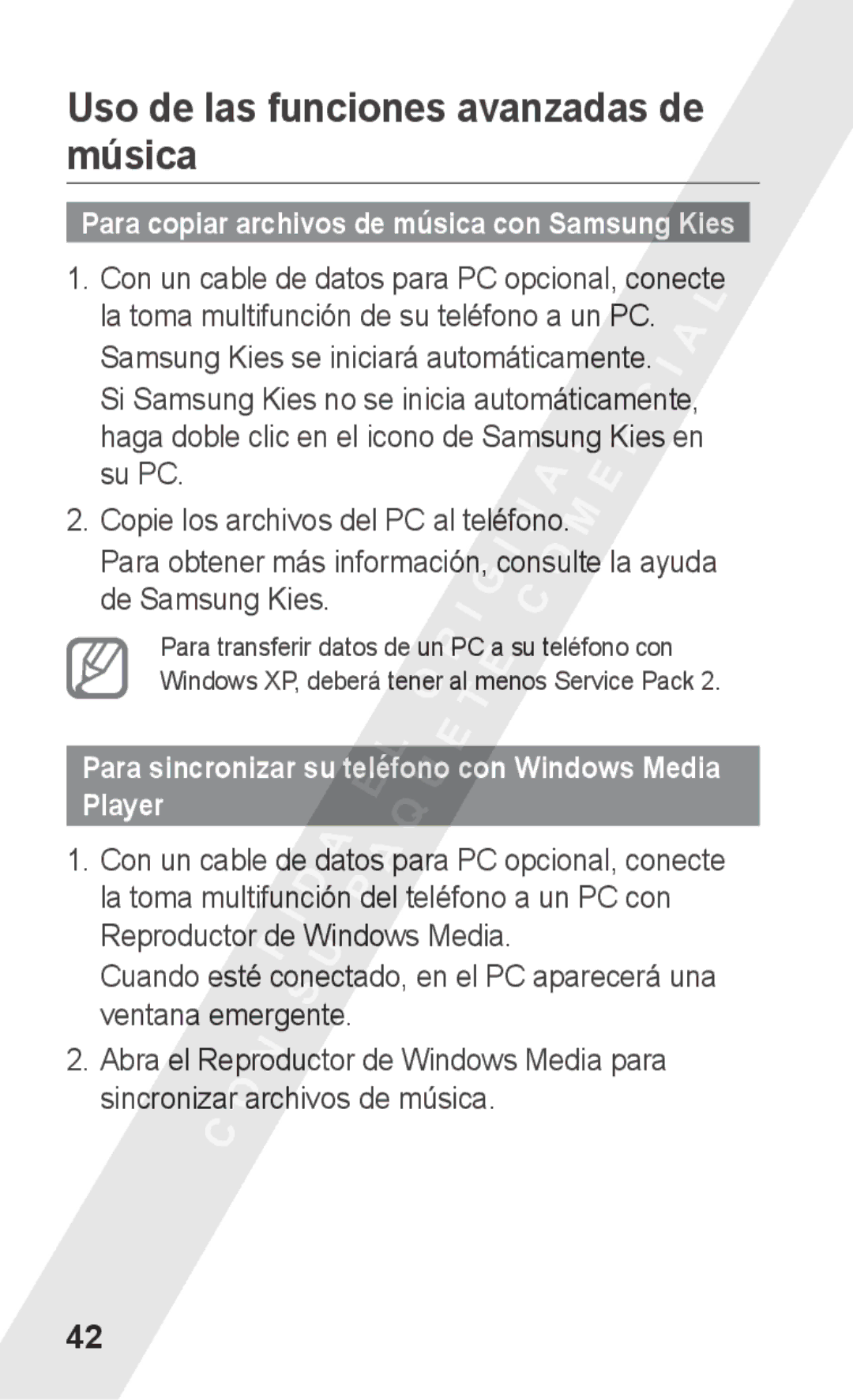 Samsung GT-S5260OKAAMN Uso de las funciones avanzadas de música, Para sincronizar su teléfono con Windows Media Player 