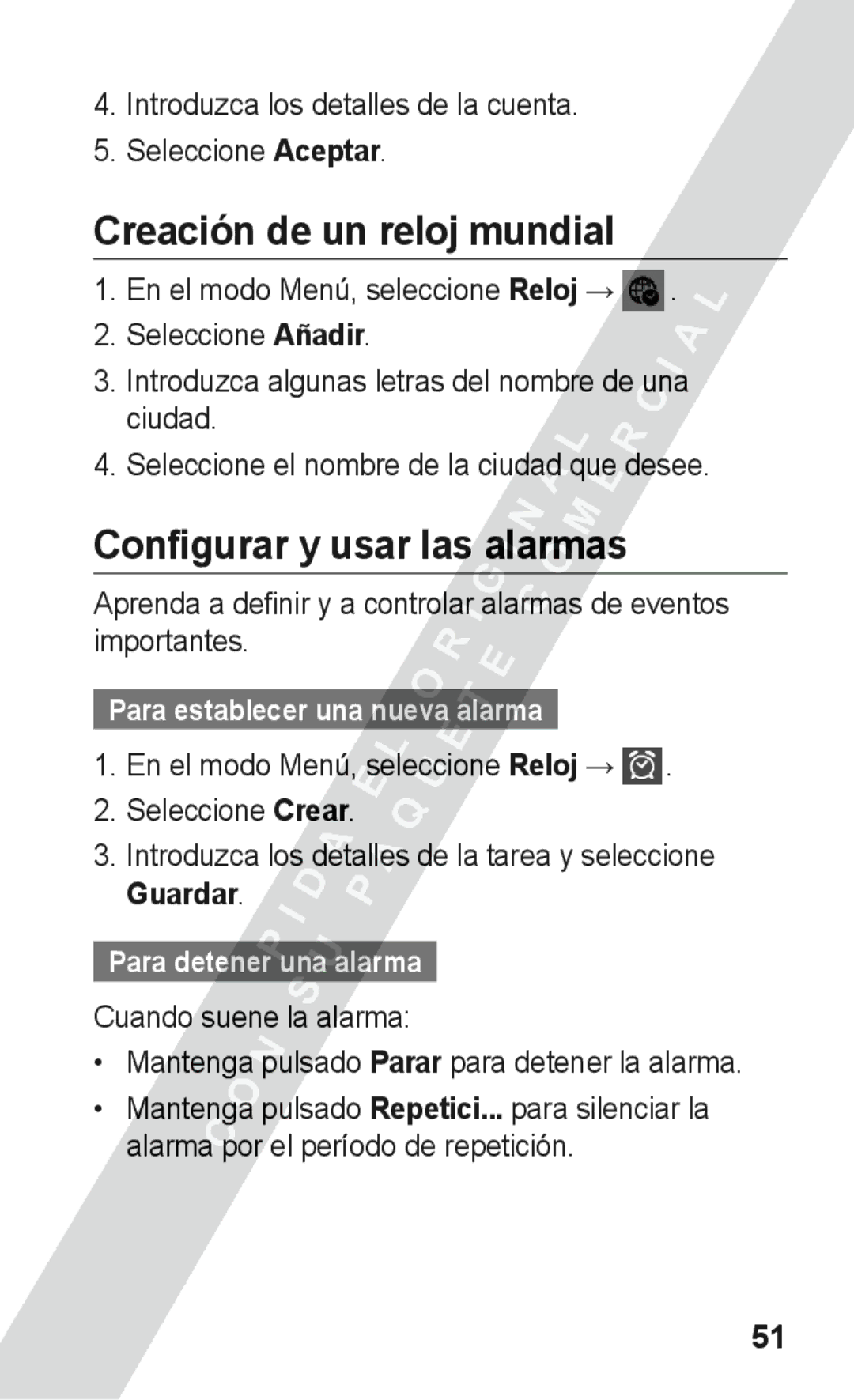 Samsung GT-S5260OKAAMN manual Creación de un reloj mundial, Configurar y usar las alarmas, Para establecer una nueva alarma 