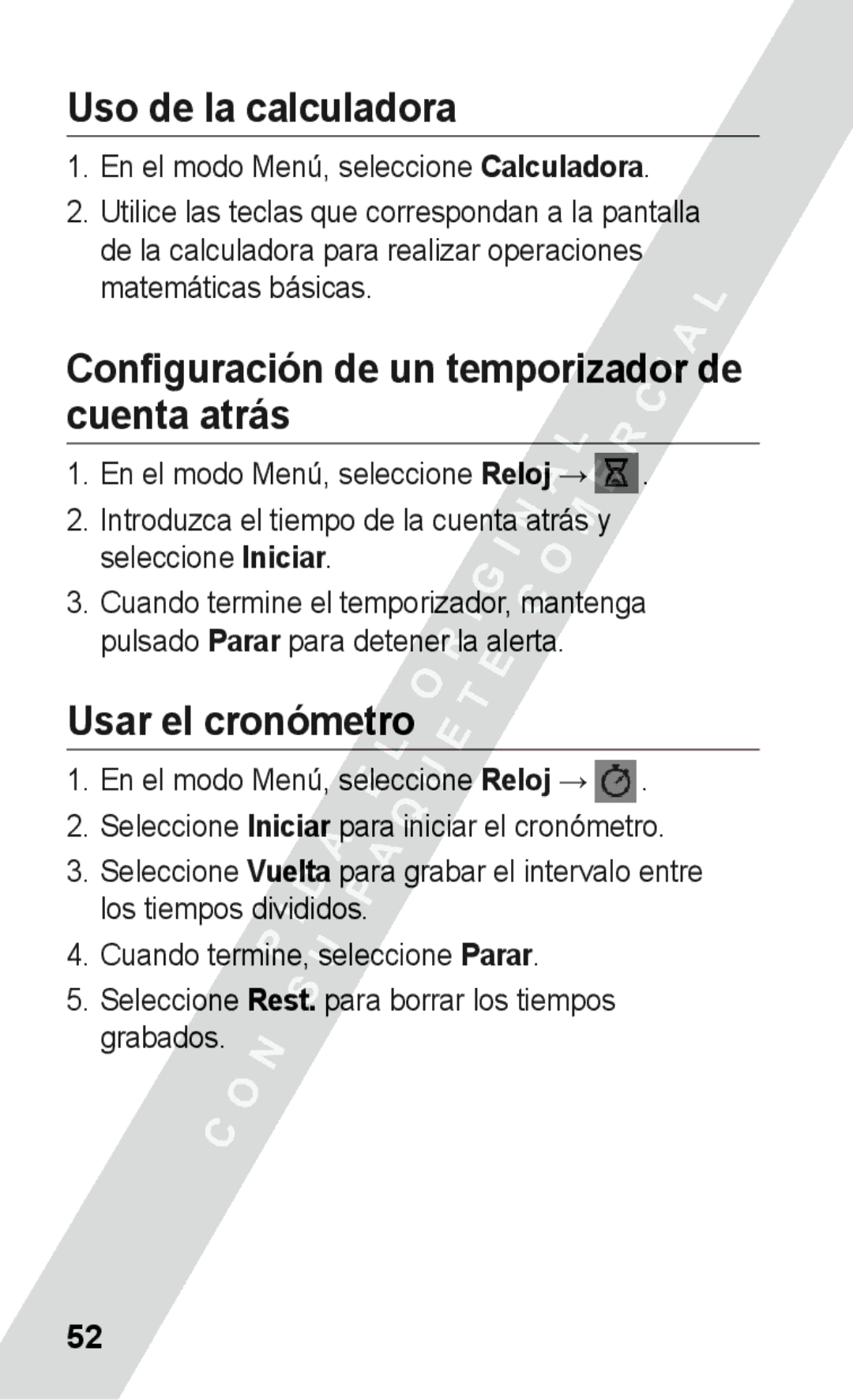 Samsung GT-S5260RWAFOP manual Uso de la calculadora, Configuración de un temporizador de cuenta atrás, Usar el cronómetro 