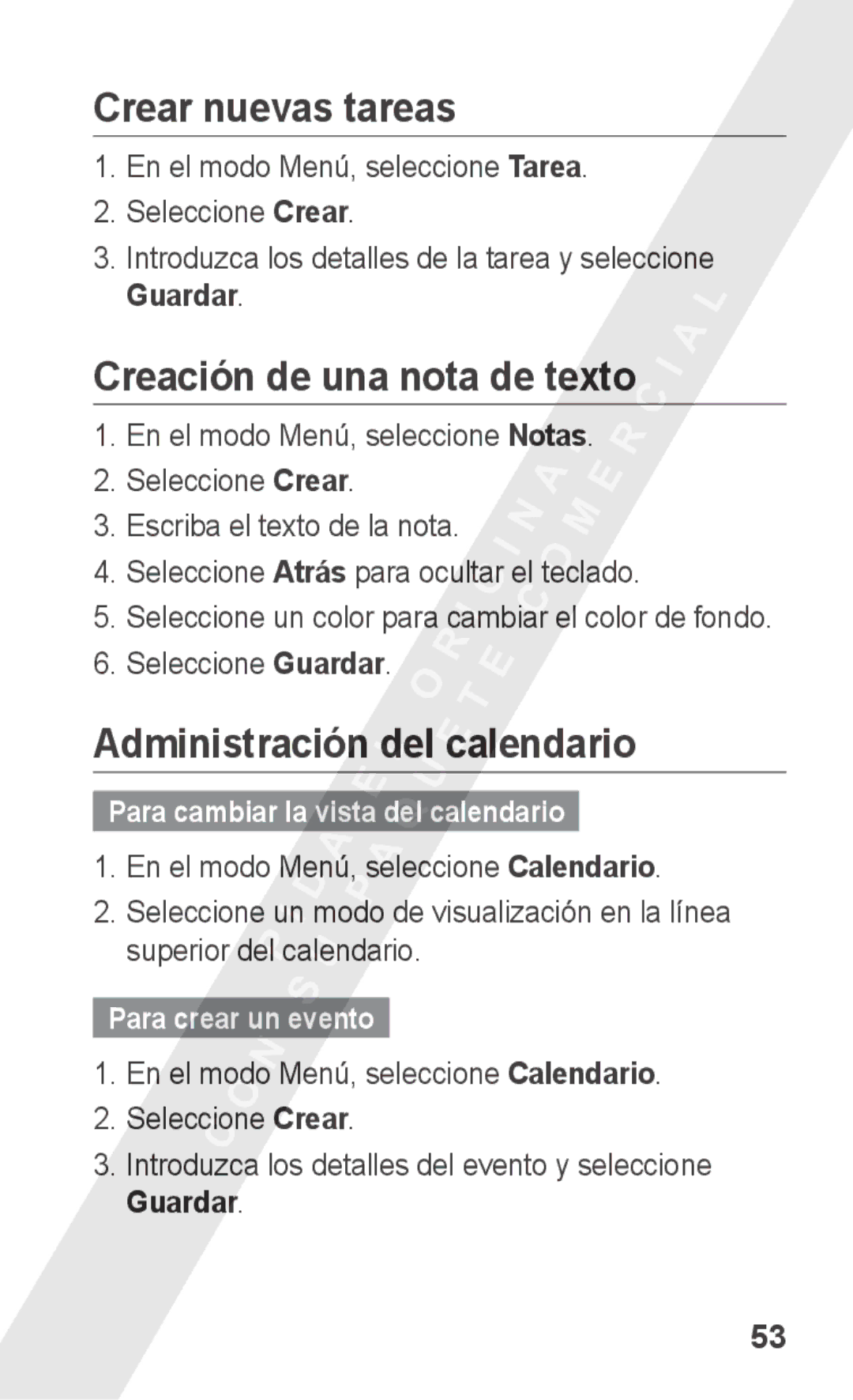 Samsung GT-S5260OKAFOP, GT-S5260RWAXEC Crear nuevas tareas, Creación de una nota de texto, Administración del calendario 