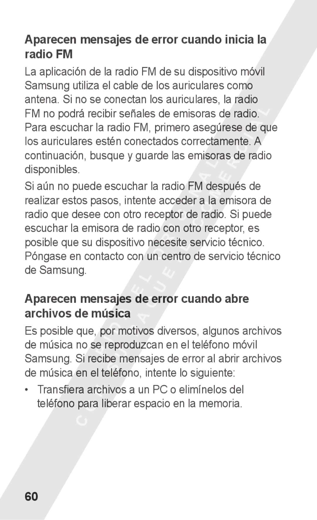 Samsung GT-S5260OKAAMN, GT-S5260RWAXEC, GT-S5260RWAATL, GT-S5260RWAAMN Aparecen mensajes de error cuando inicia la radio FM 