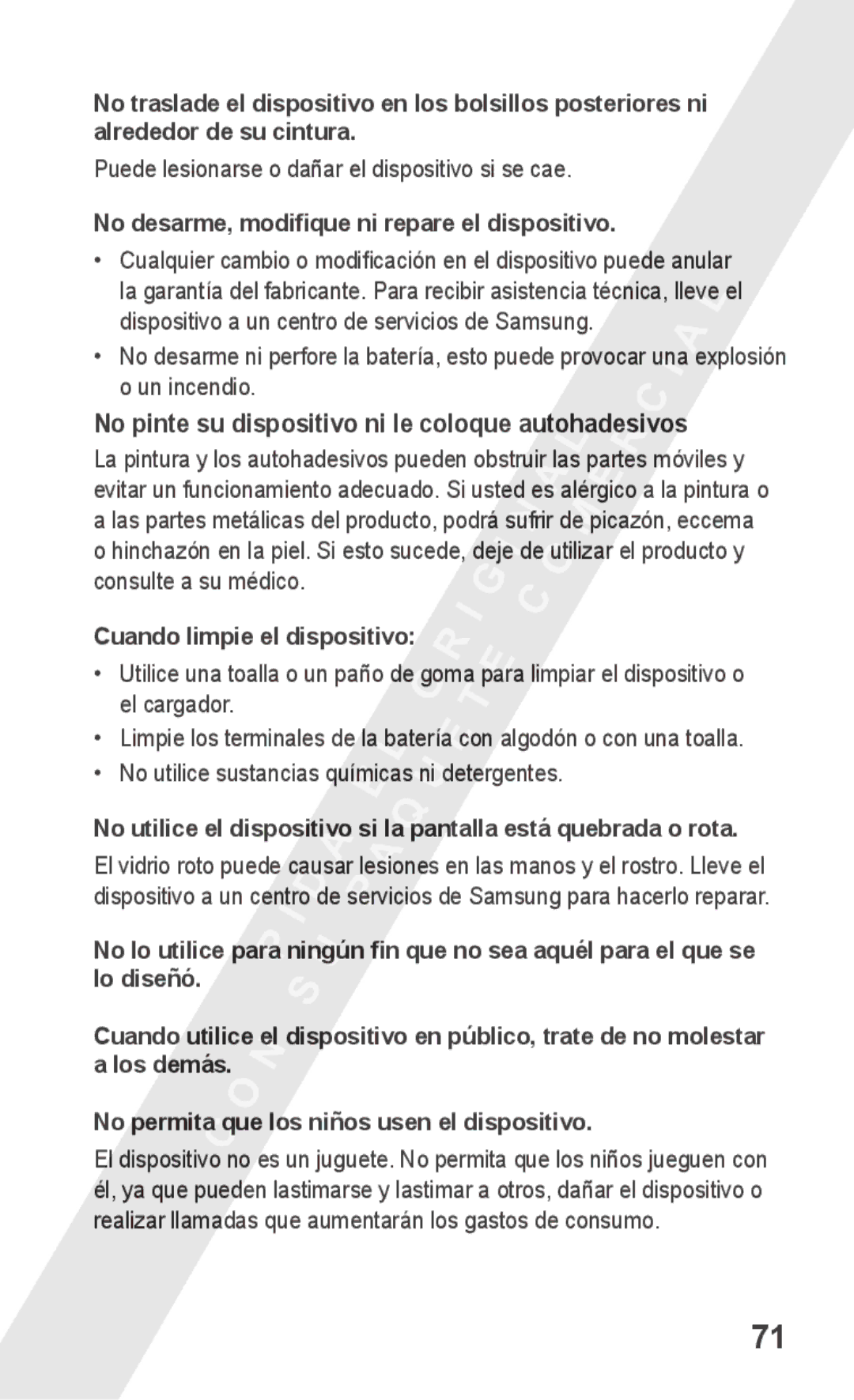 Samsung GT-S5260OKAFOP No desarme, modifique ni repare el dispositivo, No pinte su dispositivo ni le coloque autohadesivos 