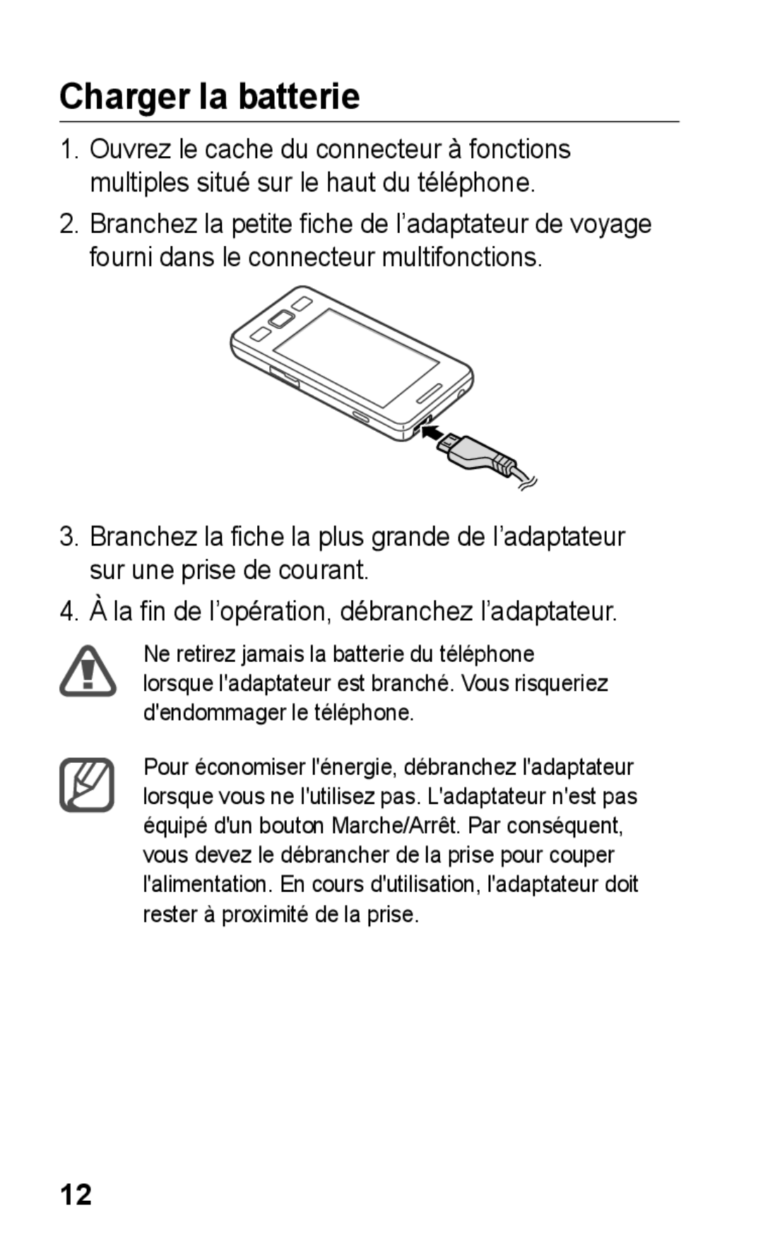 Samsung GT-S5260RWAXEF, GT-S5260OKAXEF manual Charger la batterie 