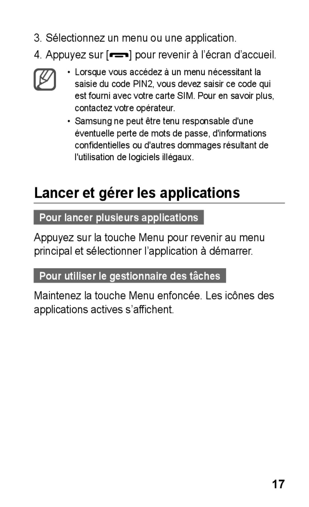 Samsung GT-S5260OKAXEF, GT-S5260RWAXEF manual Lancer et gérer les applications, Sélectionnez un menu ou une application 