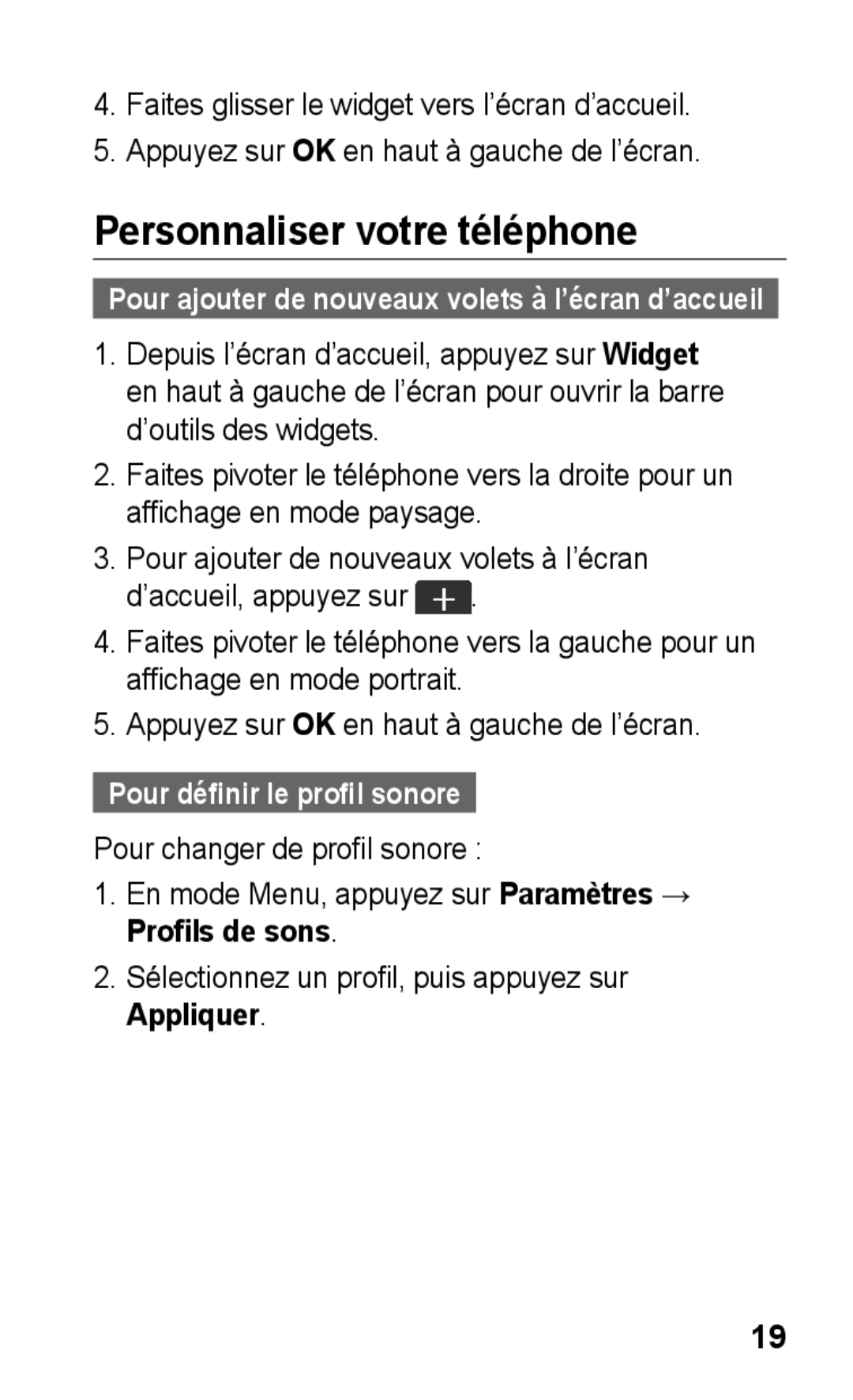 Samsung GT-S5260OKAXEF, GT-S5260RWAXEF manual Personnaliser votre téléphone, Pour définir le profil sonore, Appliquer 