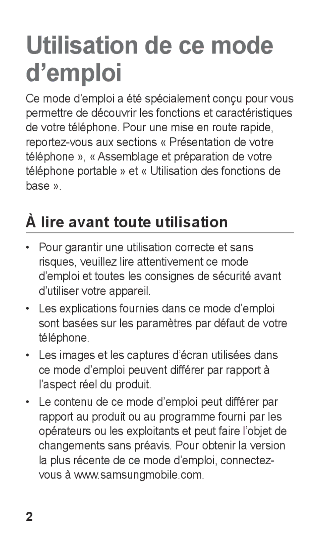 Samsung GT-S5260RWAXEF, GT-S5260OKAXEF manual Utilisation de ce mode d’emploi, Lire avant toute utilisation 