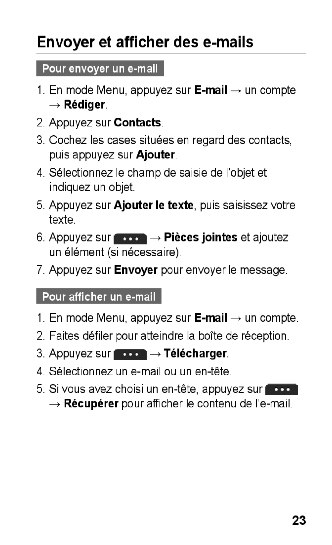 Samsung GT-S5260OKAXEF, GT-S5260RWAXEF Envoyer et afficher des e-mails, Pour envoyer un e-mail, Pour afficher un e-mail 