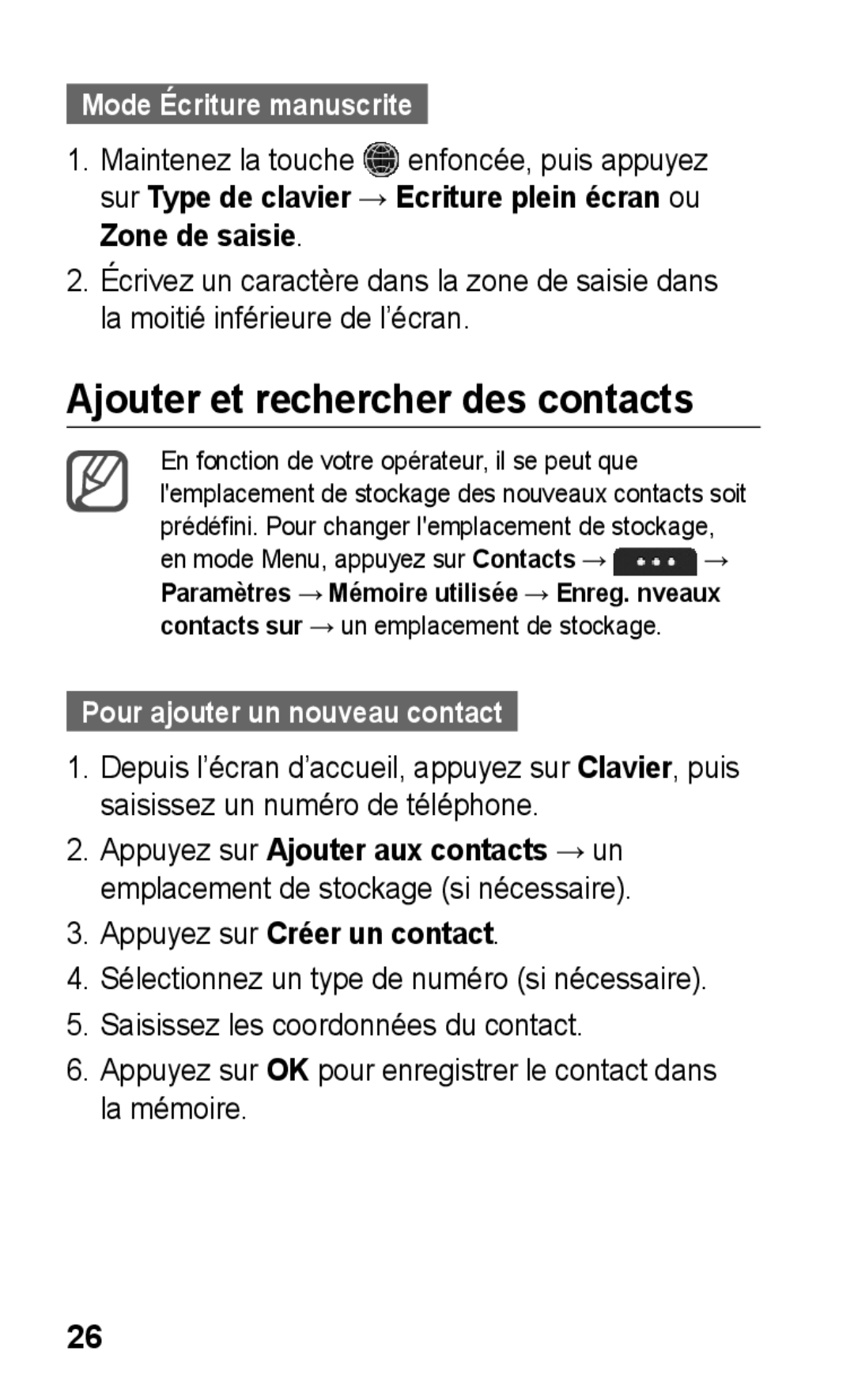 Samsung GT-S5260RWAXEF manual Ajouter et rechercher des contacts, Mode Écriture manuscrite, Pour ajouter un nouveau contact 