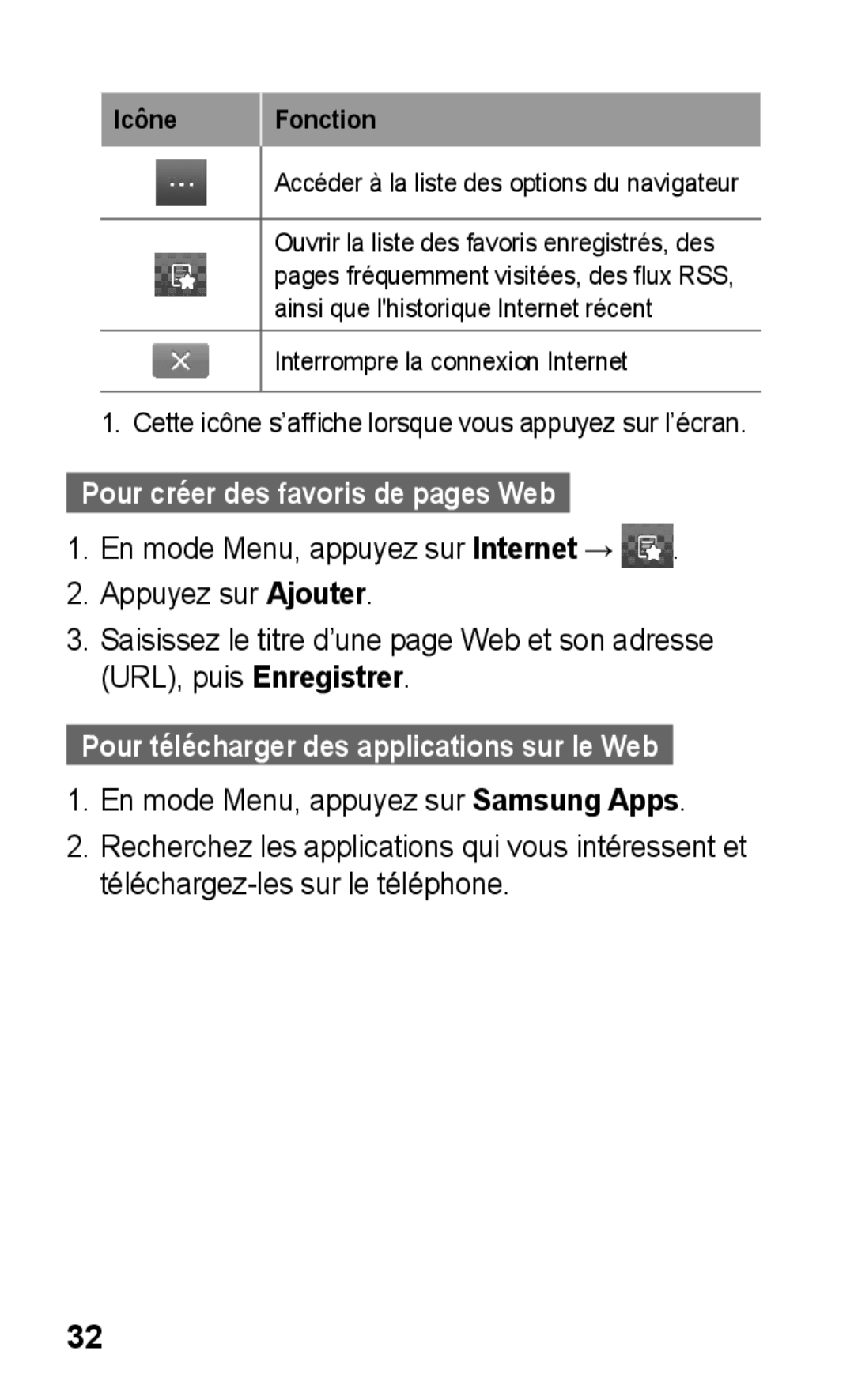 Samsung GT-S5260RWAXEF, GT-S5260OKAXEF manual Pour créer des favoris de pages Web, En mode Menu, appuyez sur Samsung Apps 