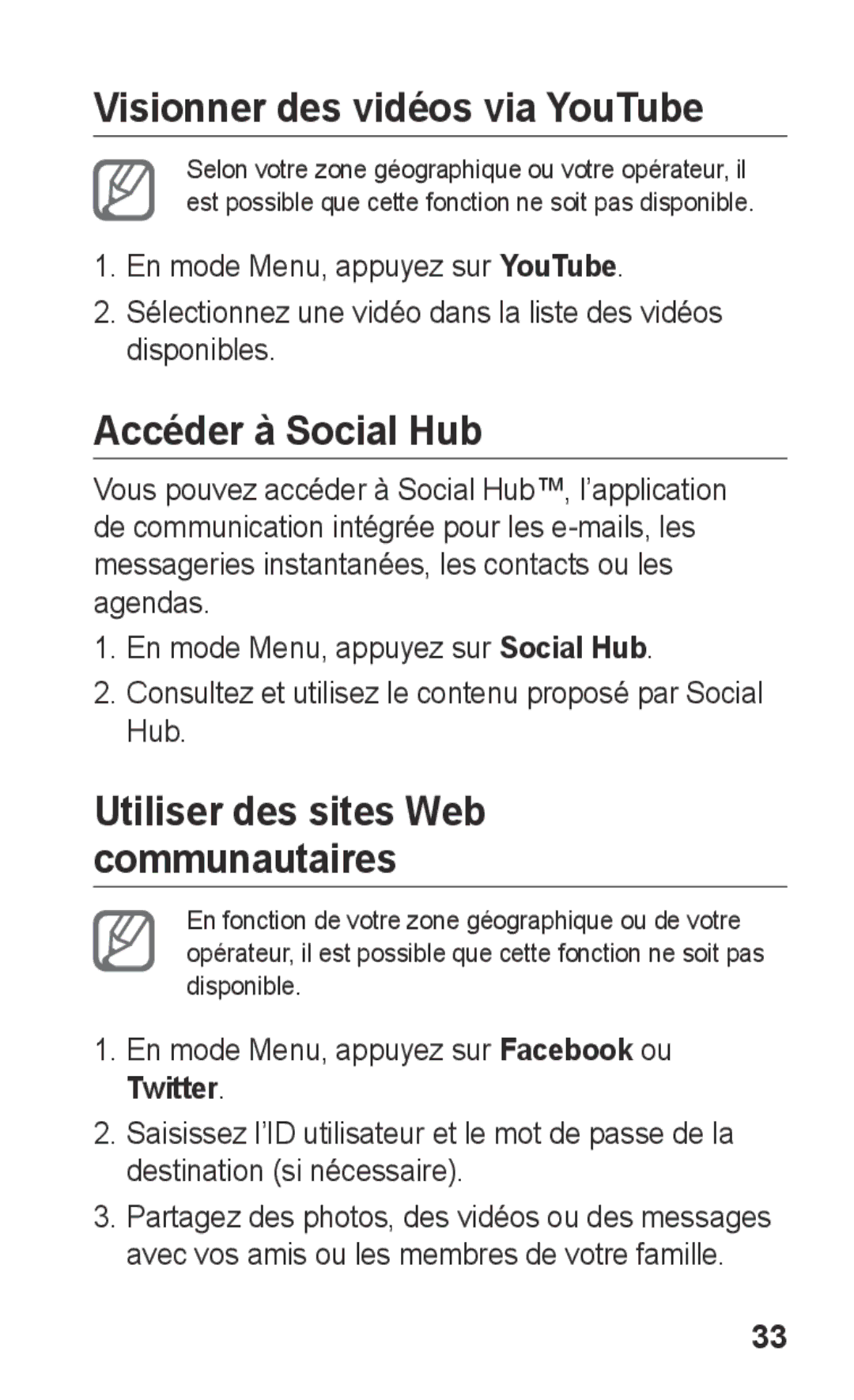 Samsung GT-S5260OKAXEF, GT-S5260RWAXEF manual Visionner des vidéos via YouTube, Accéder à Social Hub 