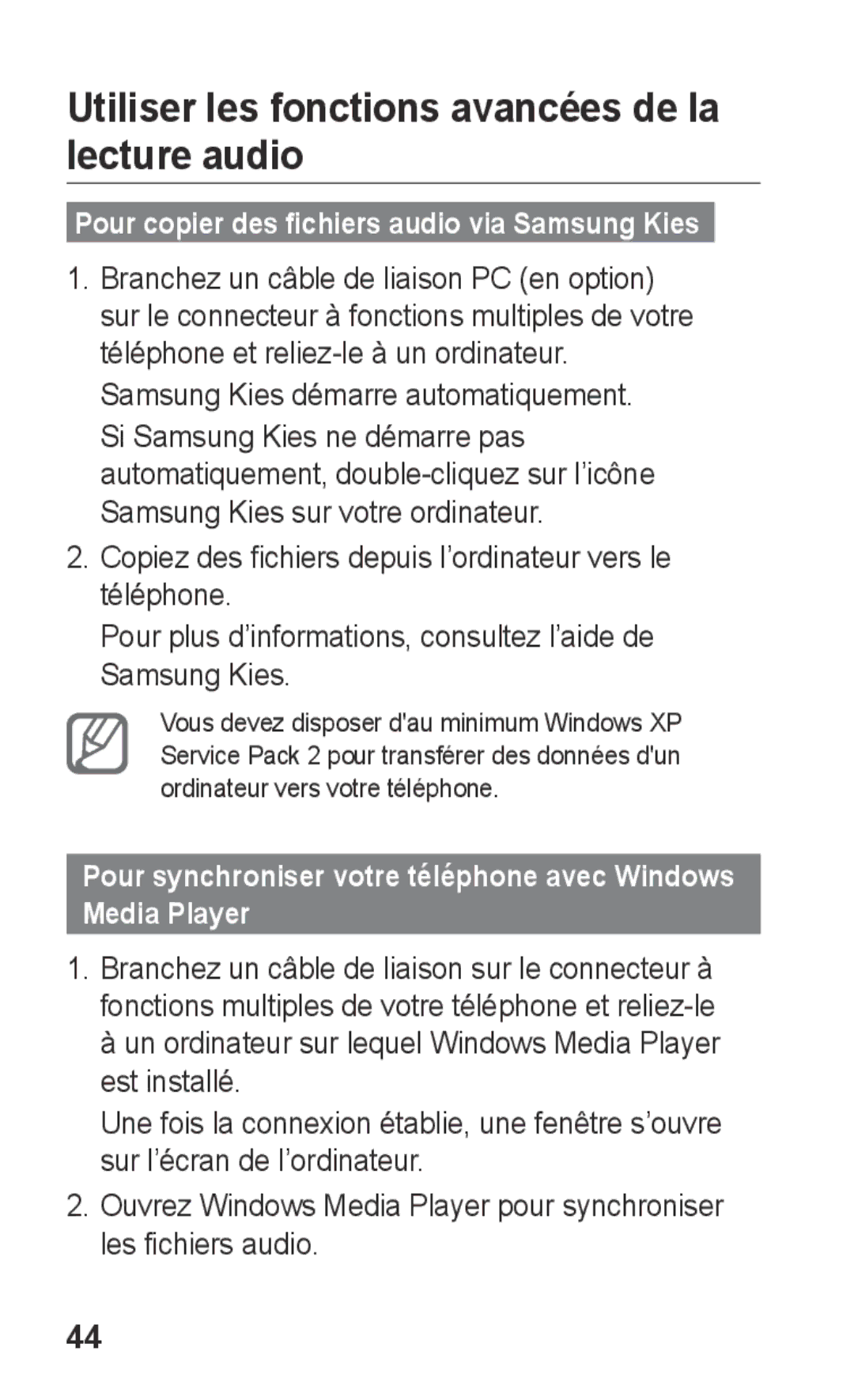 Samsung GT-S5260RWAXEF, GT-S5260OKAXEF manual Utiliser les fonctions avancées de la lecture audio 