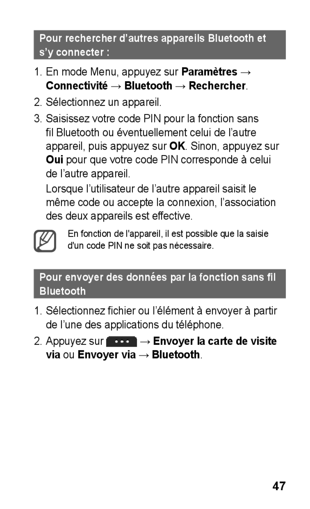 Samsung GT-S5260OKAXEF manual Sélectionnez un appareil, Pour envoyer des données par la fonction sans fil Bluetooth 