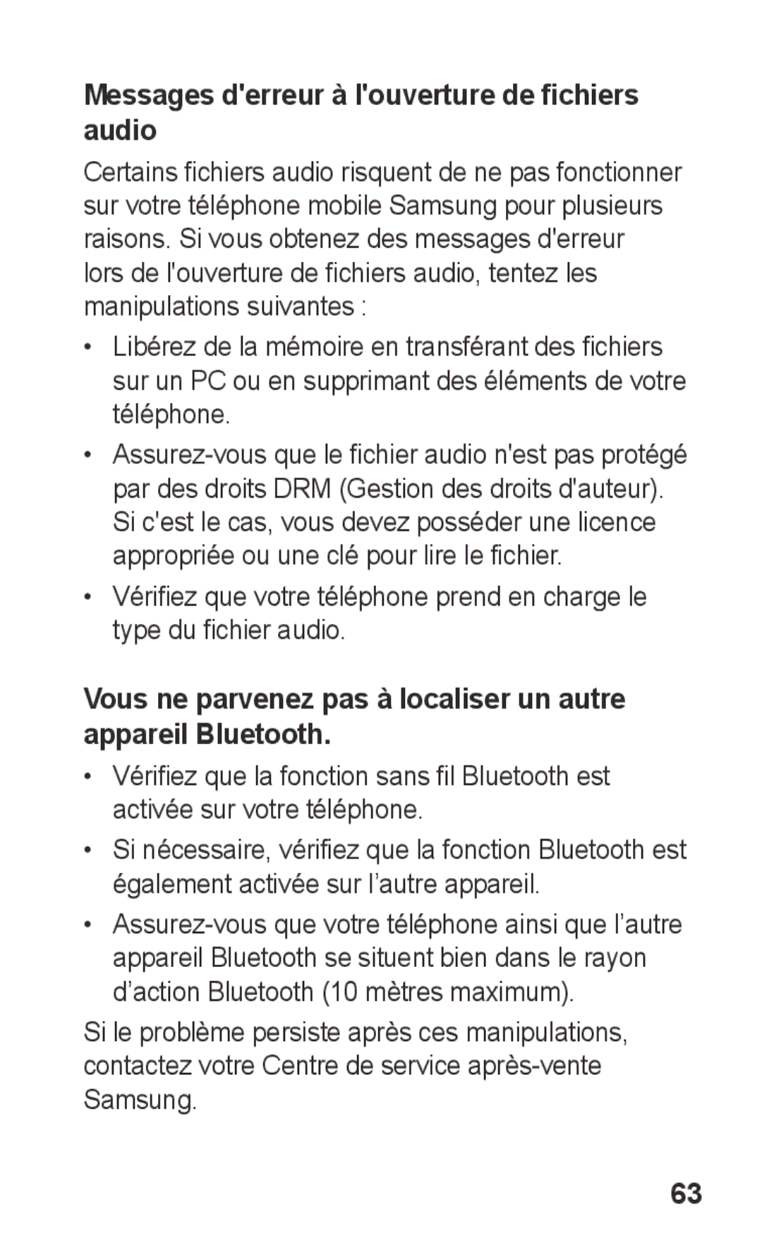 Samsung GT-S5260OKAXEF, GT-S5260RWAXEF manual Messages derreur à louverture de fichiers audio 