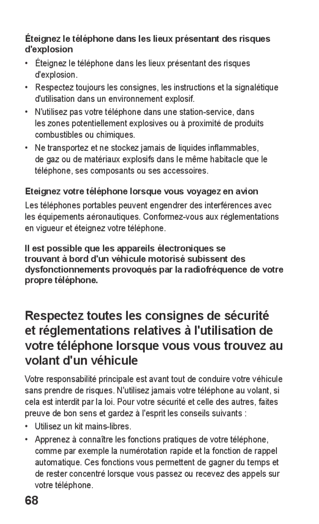 Samsung GT-S5260RWAXEF manual Eteignez votre téléphone lorsque vous voyagez en avion, Utilisez un kit mains-libres 