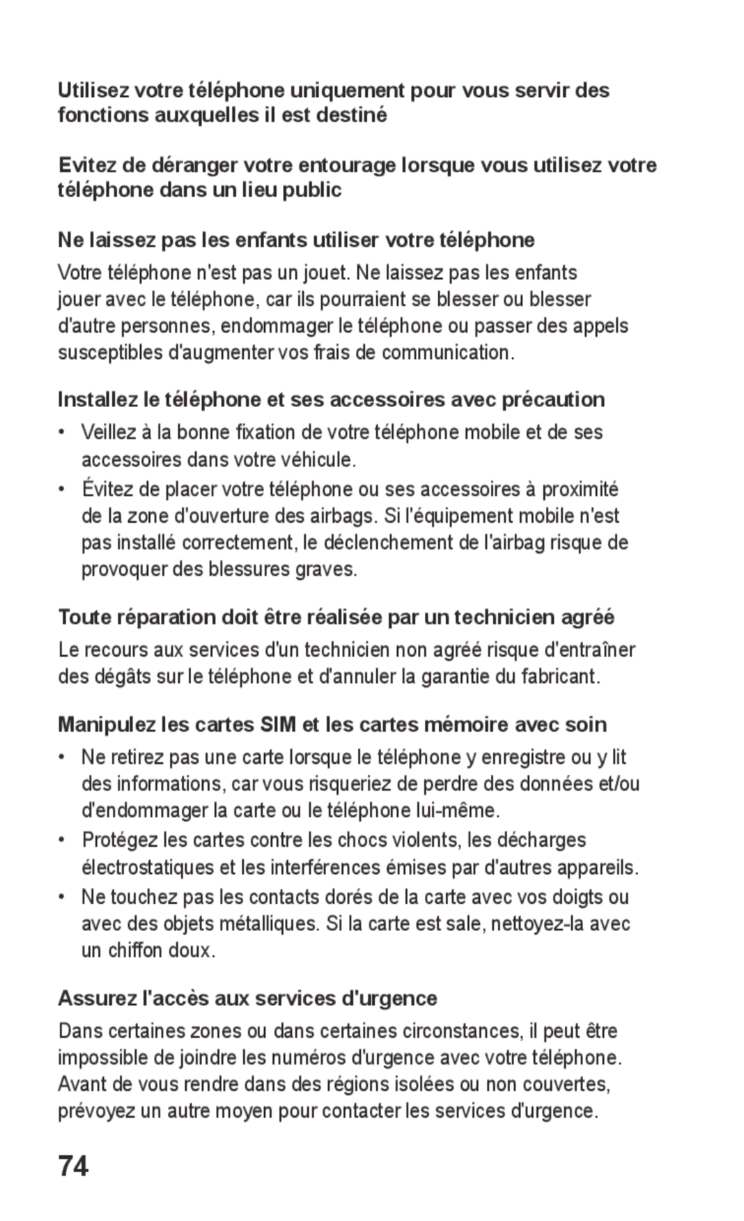 Samsung GT-S5260RWAXEF Installez le téléphone et ses accessoires avec précaution, Assurez laccès aux services durgence 