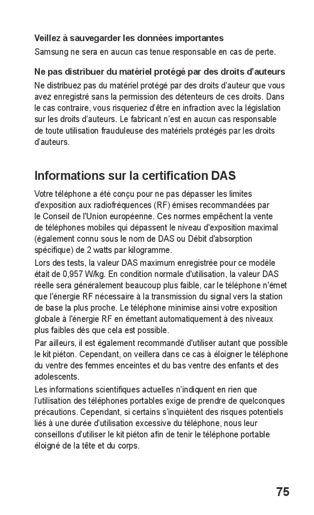 Samsung GT-S5260OKAXEF manual Informations sur la certification DAS, Veillez à sauvegarder les données importantes 