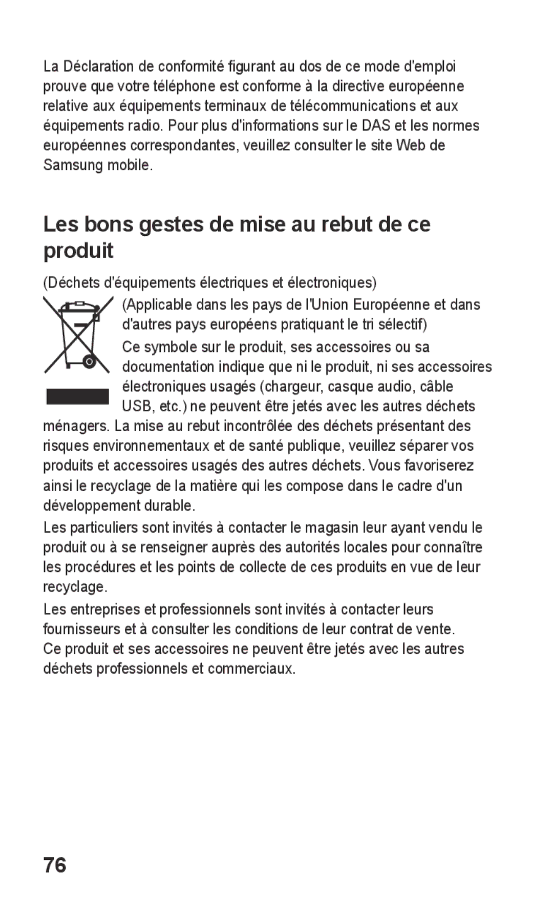 Samsung GT-S5260RWAXEF Les bons gestes de mise au rebut de ce produit, Déchets déquipements électriques et électroniques 