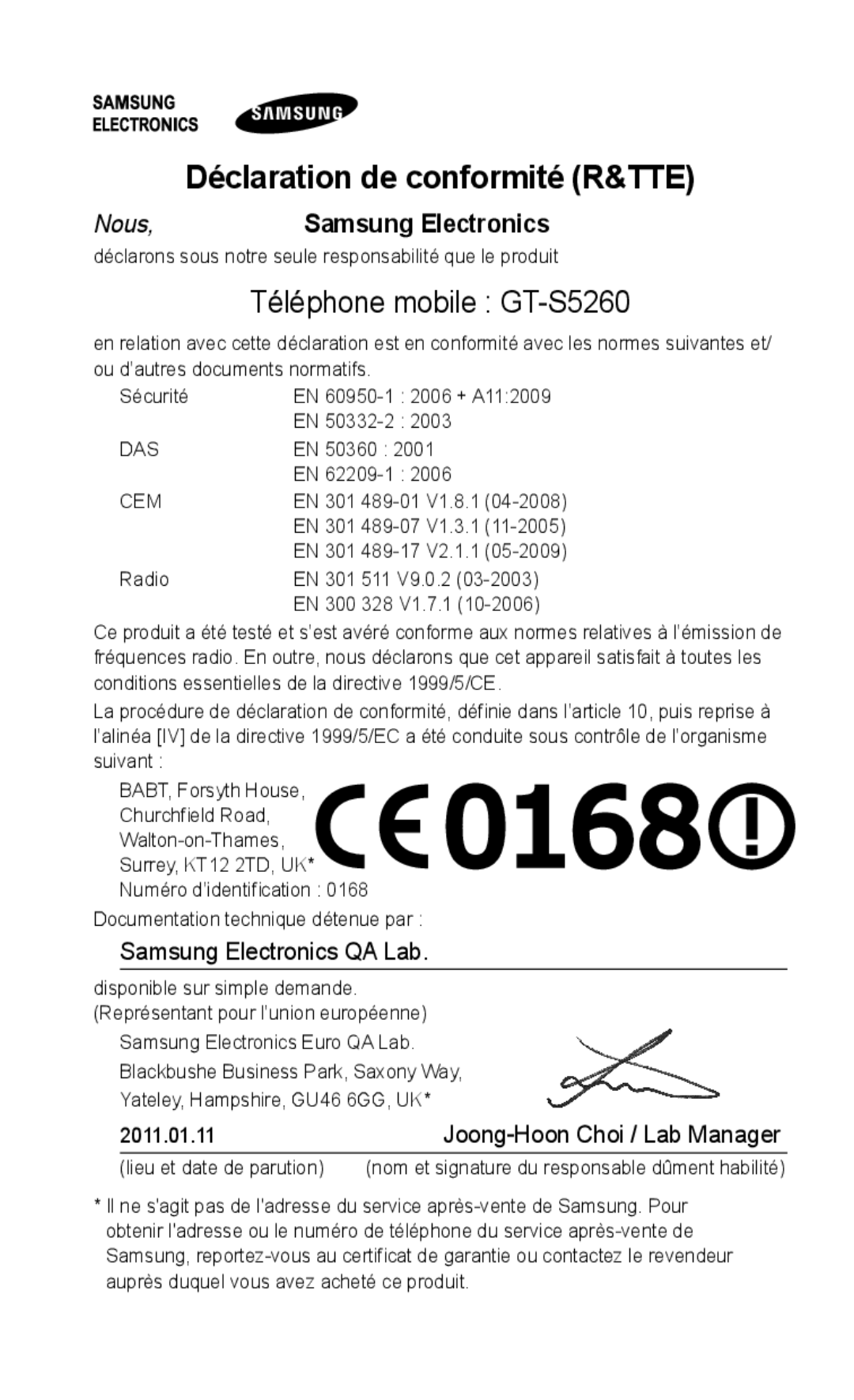 Samsung GT-S5260OKAXEF, GT-S5260RWAXEF manual Déclaration de conformité R&TTE, Téléphone mobile GT-S5260 