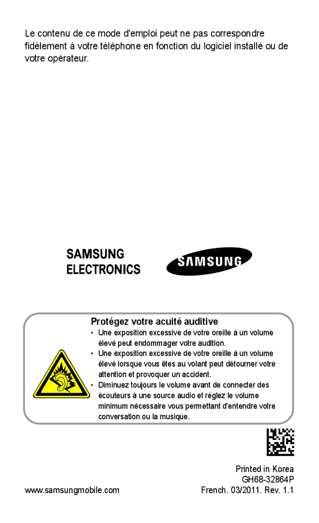 Samsung GT-S5260RWAXEF, GT-S5260OKAXEF manual Protégez votre acuité auditive 