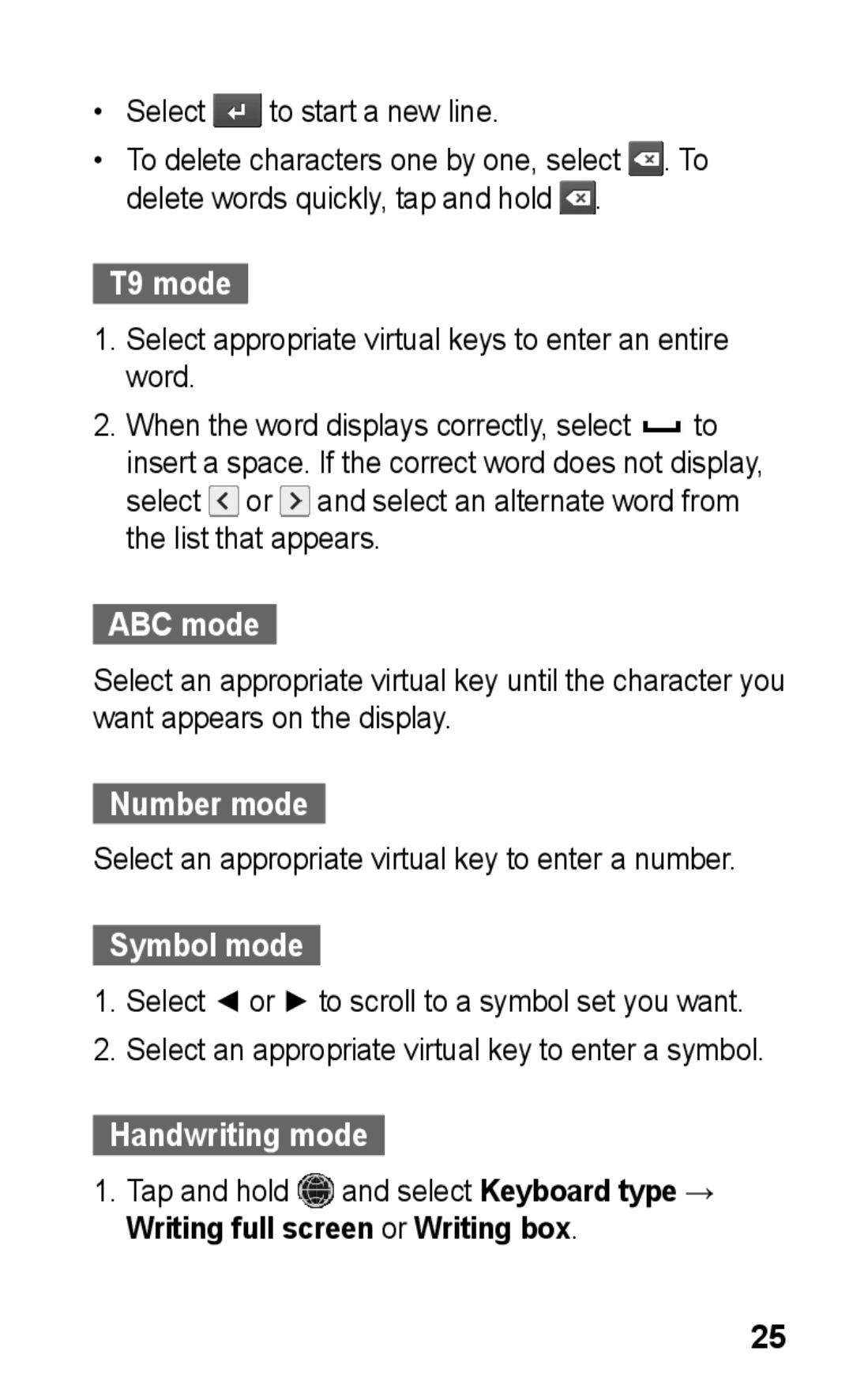 Samsung GT-S5260OKPFTM, GT-S5260RWPDBT, GT-S5260OKPDBT manual T9 mode, ABC mode, Number mode, Symbol mode, Handwriting mode 