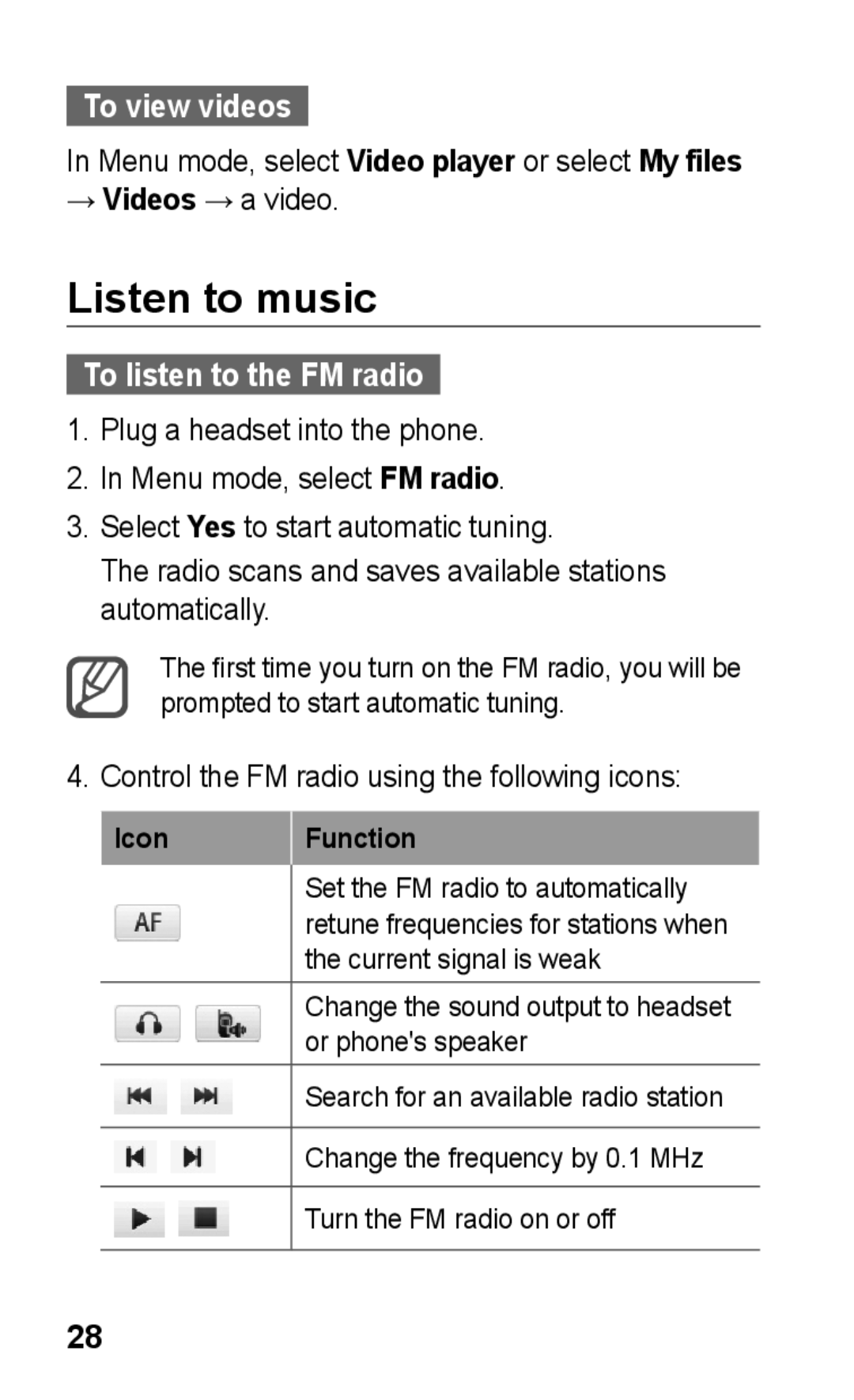 Samsung GT-S5260RWPMTL, GT-S5260RWPDBT manual Listen to music, To view videos, To listen to the FM radio, Icon Function 