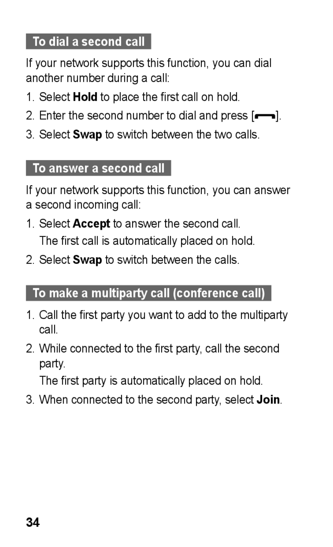 Samsung GT-S5260OKPXEF manual To dial a second call, To answer a second call, Select Swap to switch between the calls 