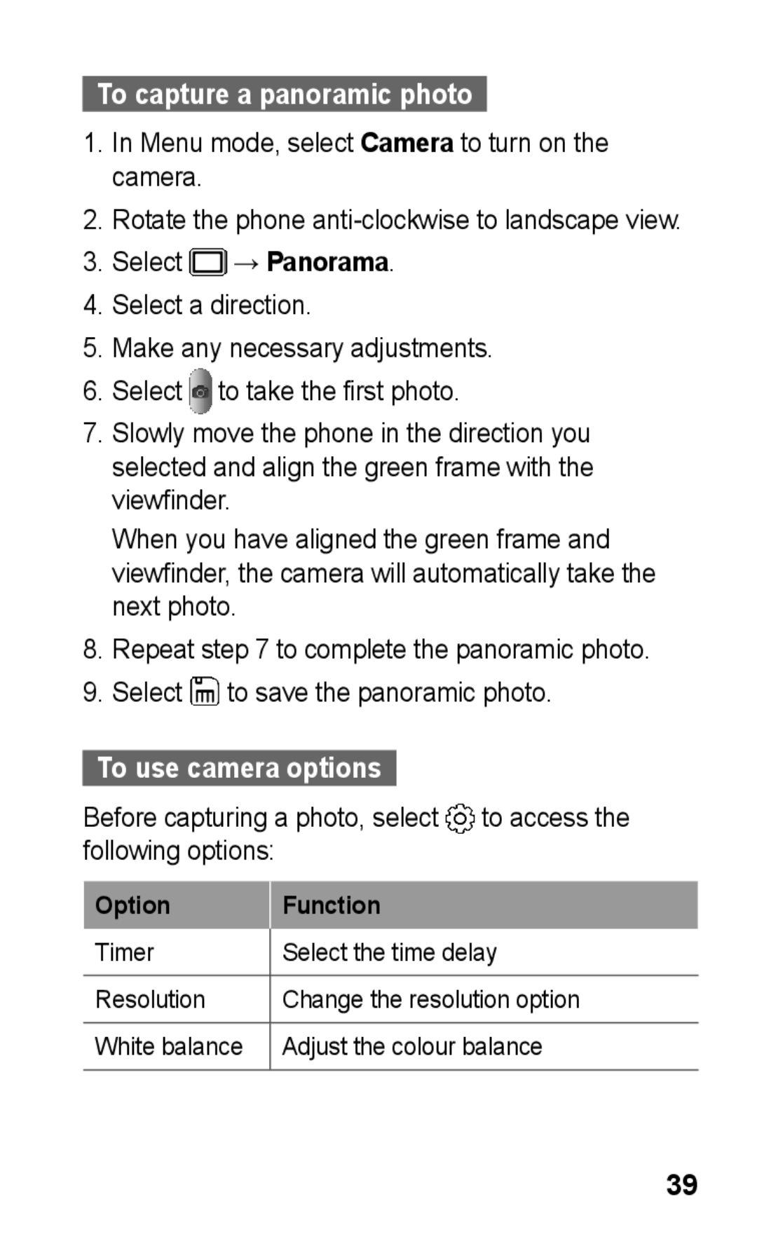 Samsung GT-S5260OKPMTL, GT-S5260RWPDBT, GT-S5260OKPDBT To capture a panoramic photo, To use camera options, Option Function 