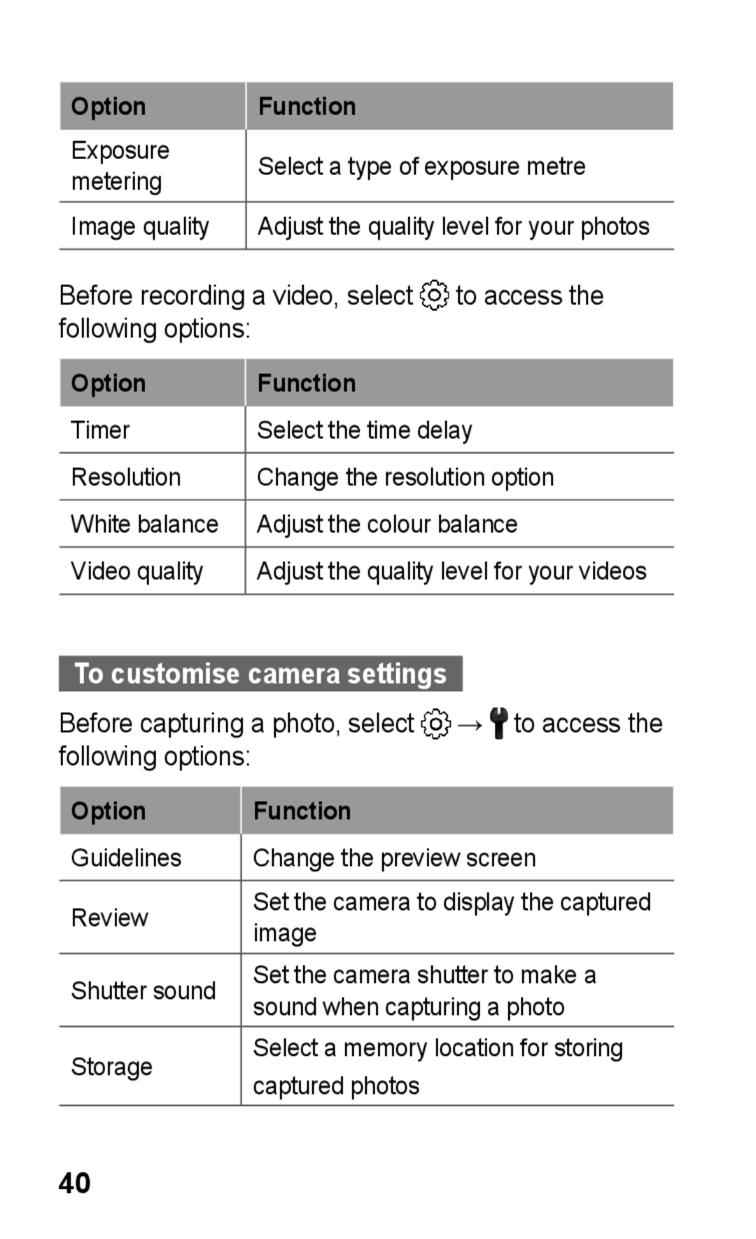 Samsung GT-S5260RWPDBT, GT-S5260OKPDBT, GT-S5260RWPXEF, GT-S5260RWPFTM, GT-S5260OKPXEF manual To customise camera settings 