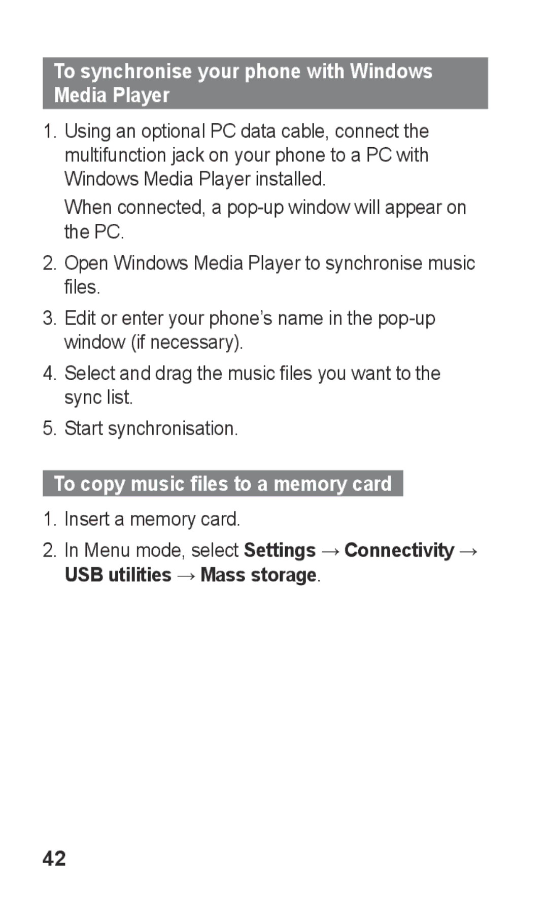 Samsung GT-S5260RWPXEF manual To synchronise your phone with Windows Media Player, To copy music files to a memory card 