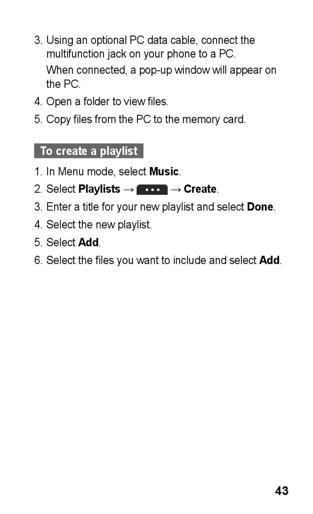 Samsung GT-S5260RWPFTM manual To create a playlist, Select Playlists → → Create, Select the new playlist Select Add 