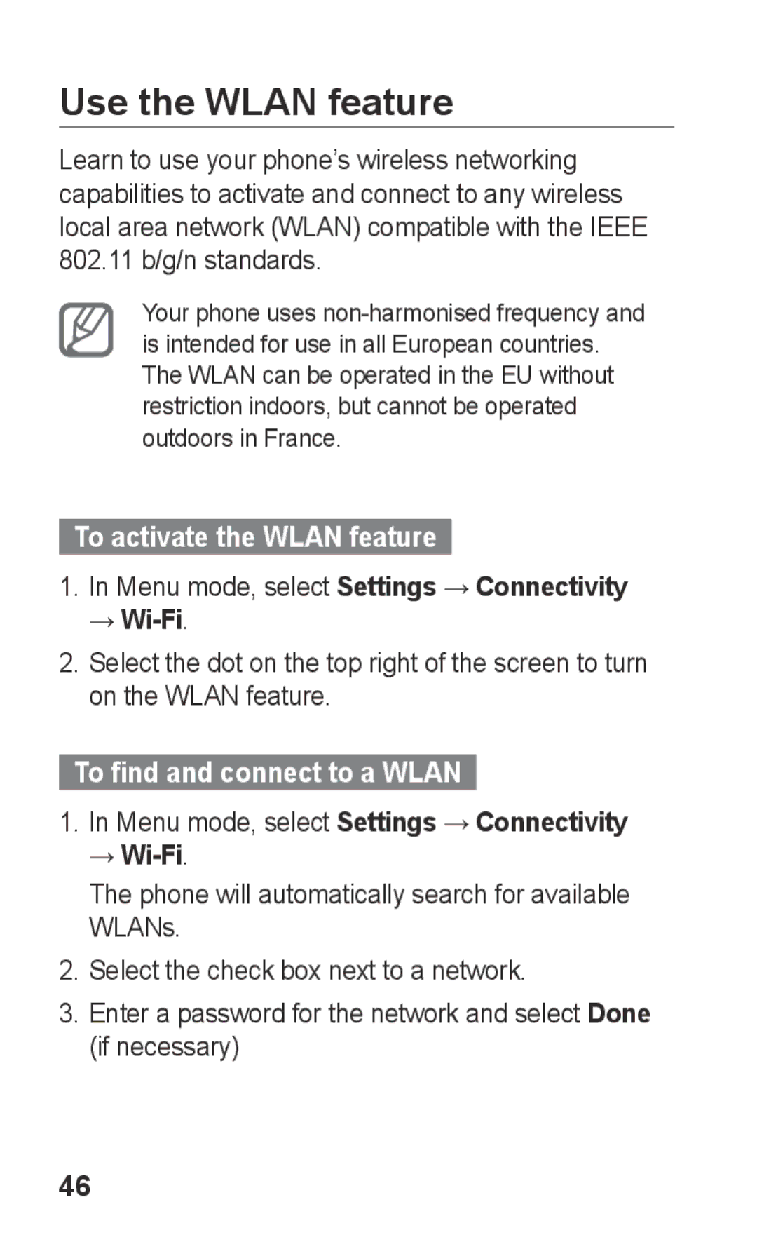 Samsung GT-S5260OKPAMN, GT-S5260RWPDBT manual Use the Wlan feature, 802.11 b/g/n standards, To activate the Wlan feature 