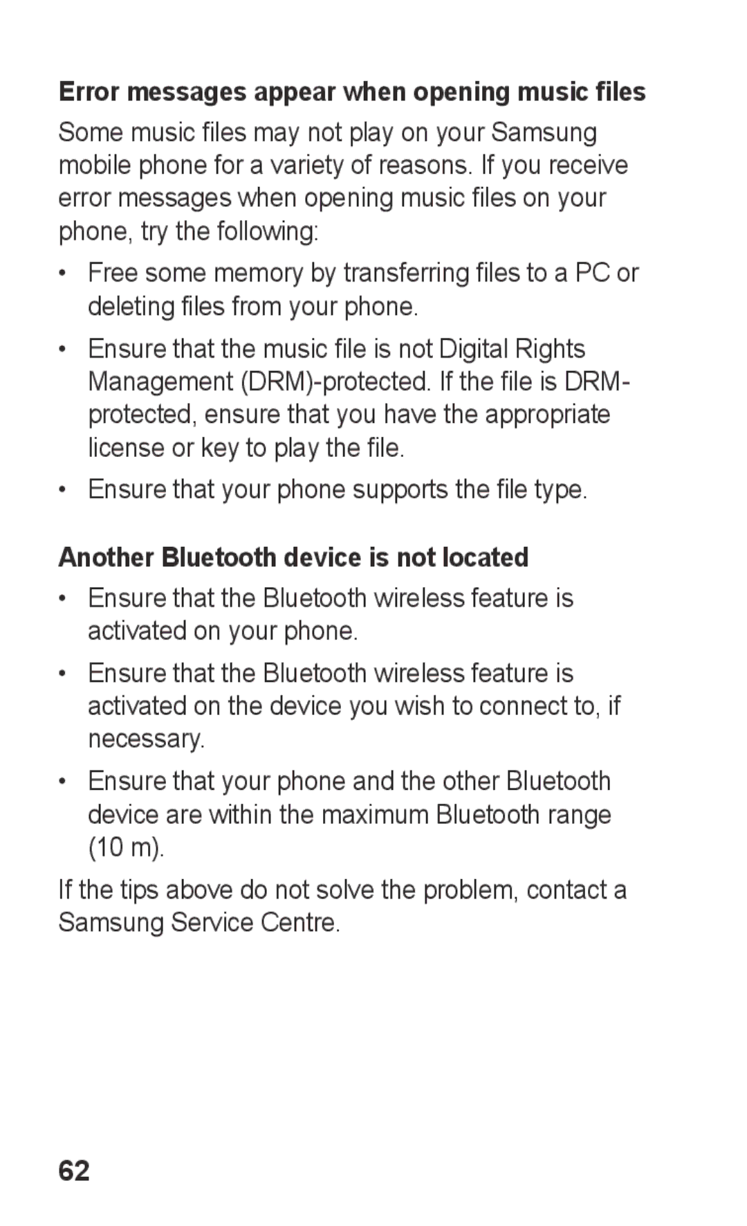 Samsung GT-S5260RWPXEF manual Ensure that your phone supports the file type, Another Bluetooth device is not located 