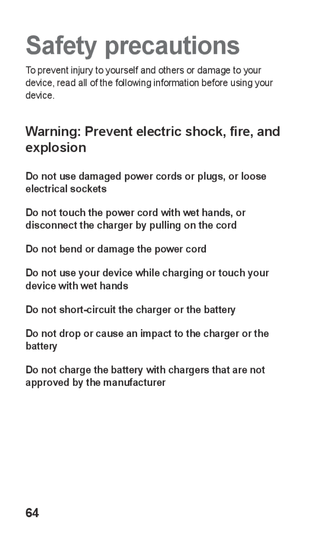 Samsung GT-S5260OKPXEF, GT-S5260RWPDBT, GT-S5260OKPDBT, GT-S5260RWPXEF, GT-S5260RWPFTM, GT-S5260OKPFTM manual Safety precautions 