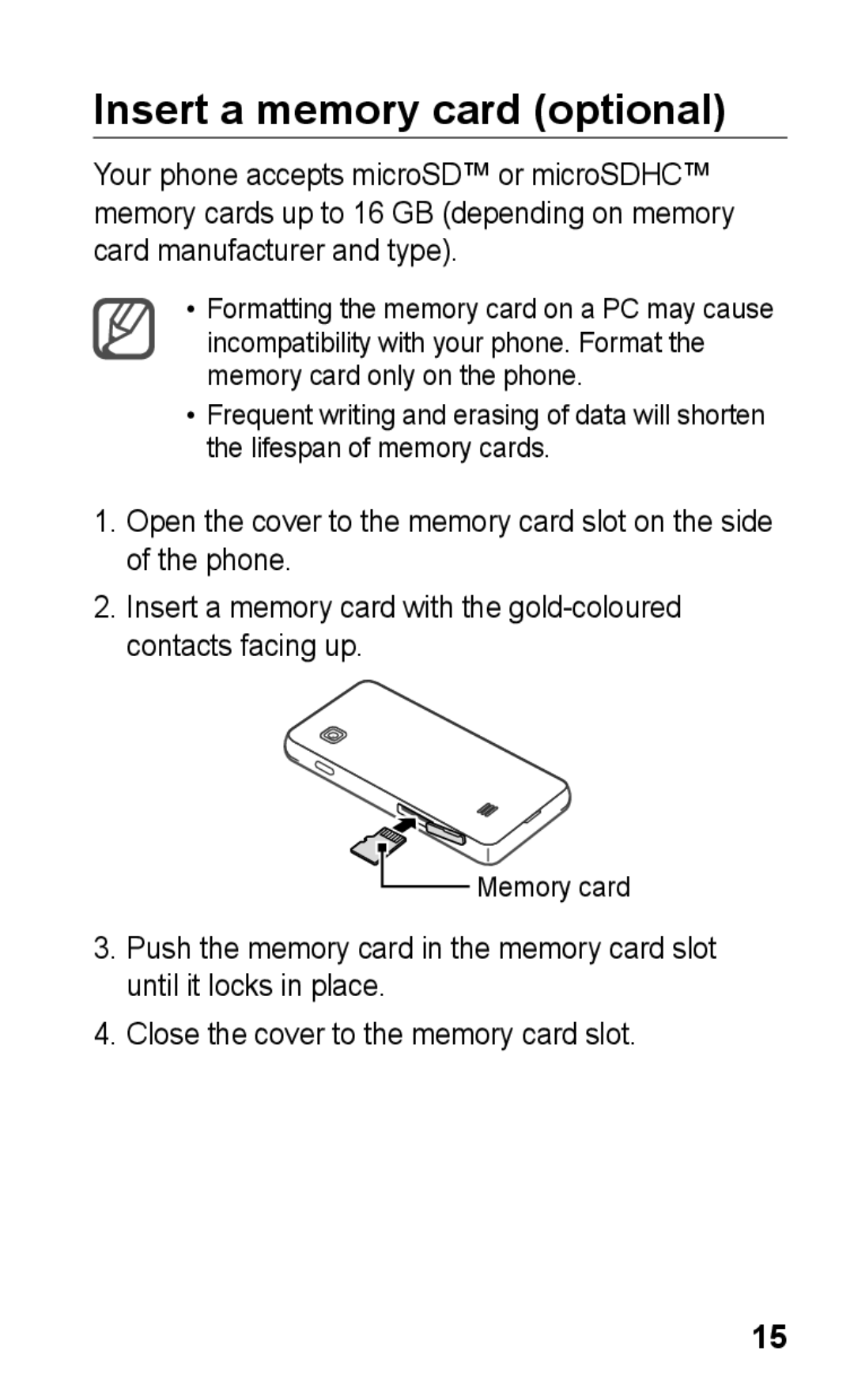 Samsung GT-S5260OKPFTM, GT-S5260RWPDBT, GT-S5260OKPDBT, GT-S5260RWPXEF, GT-S5260RWPFTM manual Insert a memory card optional 