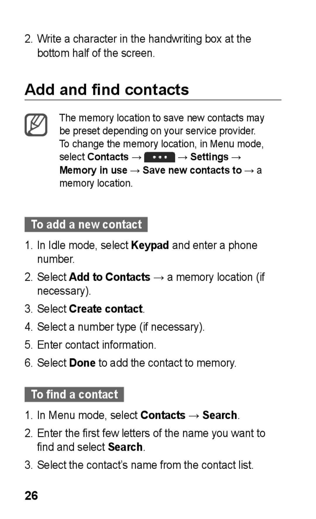 Samsung GT-S5260OKPAMN manual Add and find contacts, To add a new contact, Select Create contact, To find a contact 