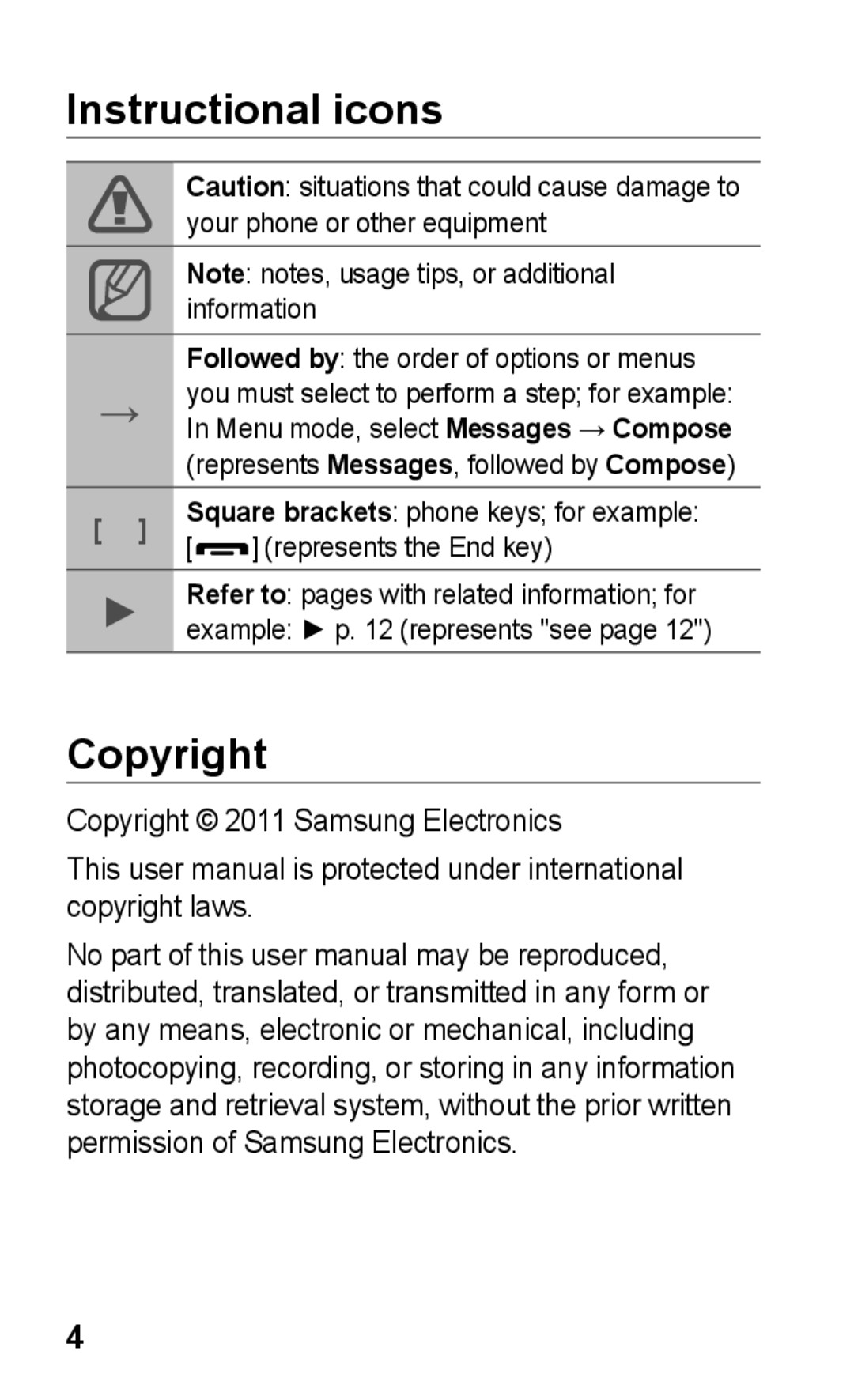 Samsung GT-S5260OKPXEF, GT-S5260RWPDBT, GT-S5260OKPDBT manual Instructional icons, Copyright 2011 Samsung Electronics 