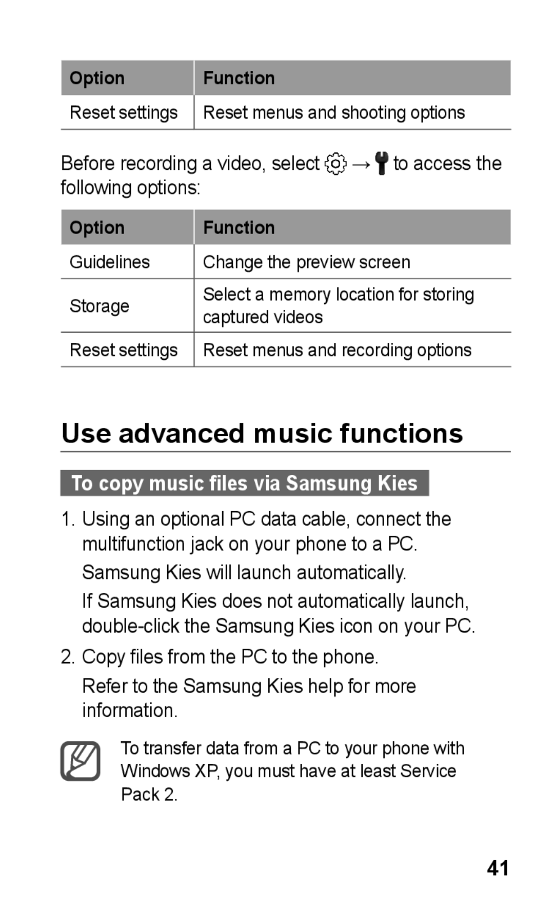 Samsung GT-S5260OKPDBT manual Use advanced music functions, To copy music files via Samsung Kies, Option, Function 