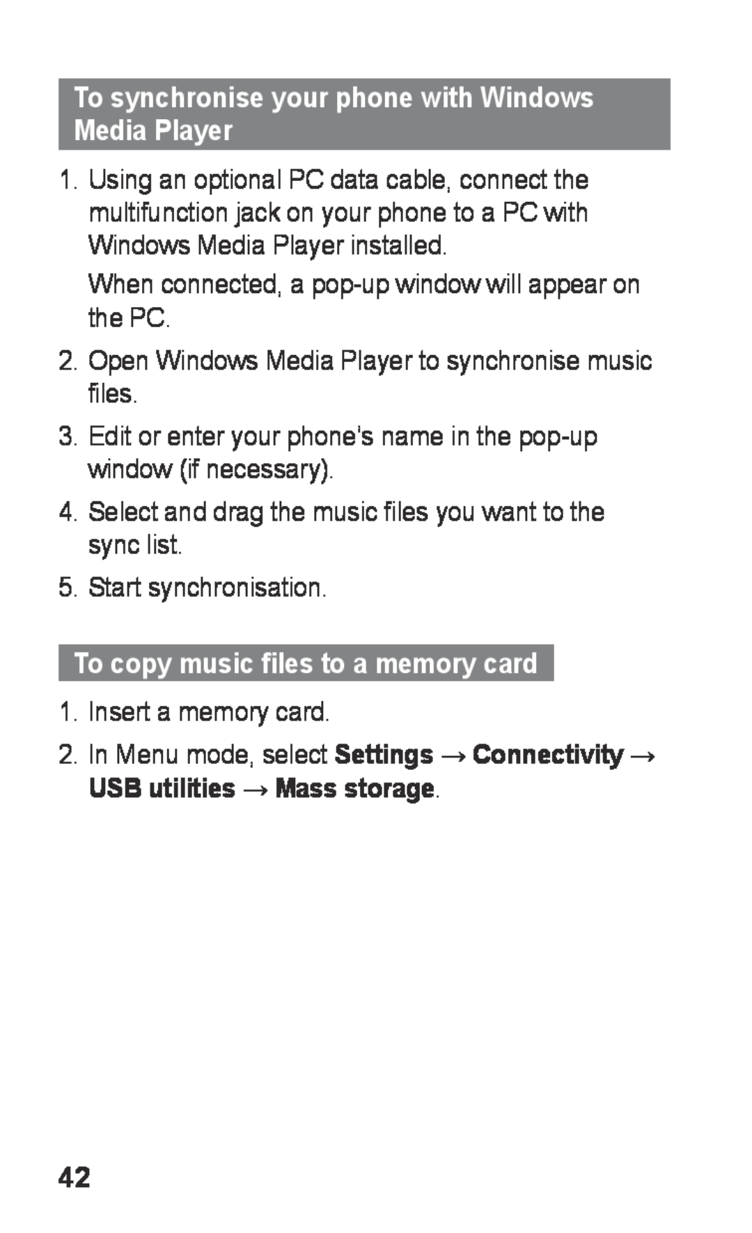 Samsung GT-S5260RWPXEF manual To synchronise your phone with Windows Media Player, To copy music files to a memory card 