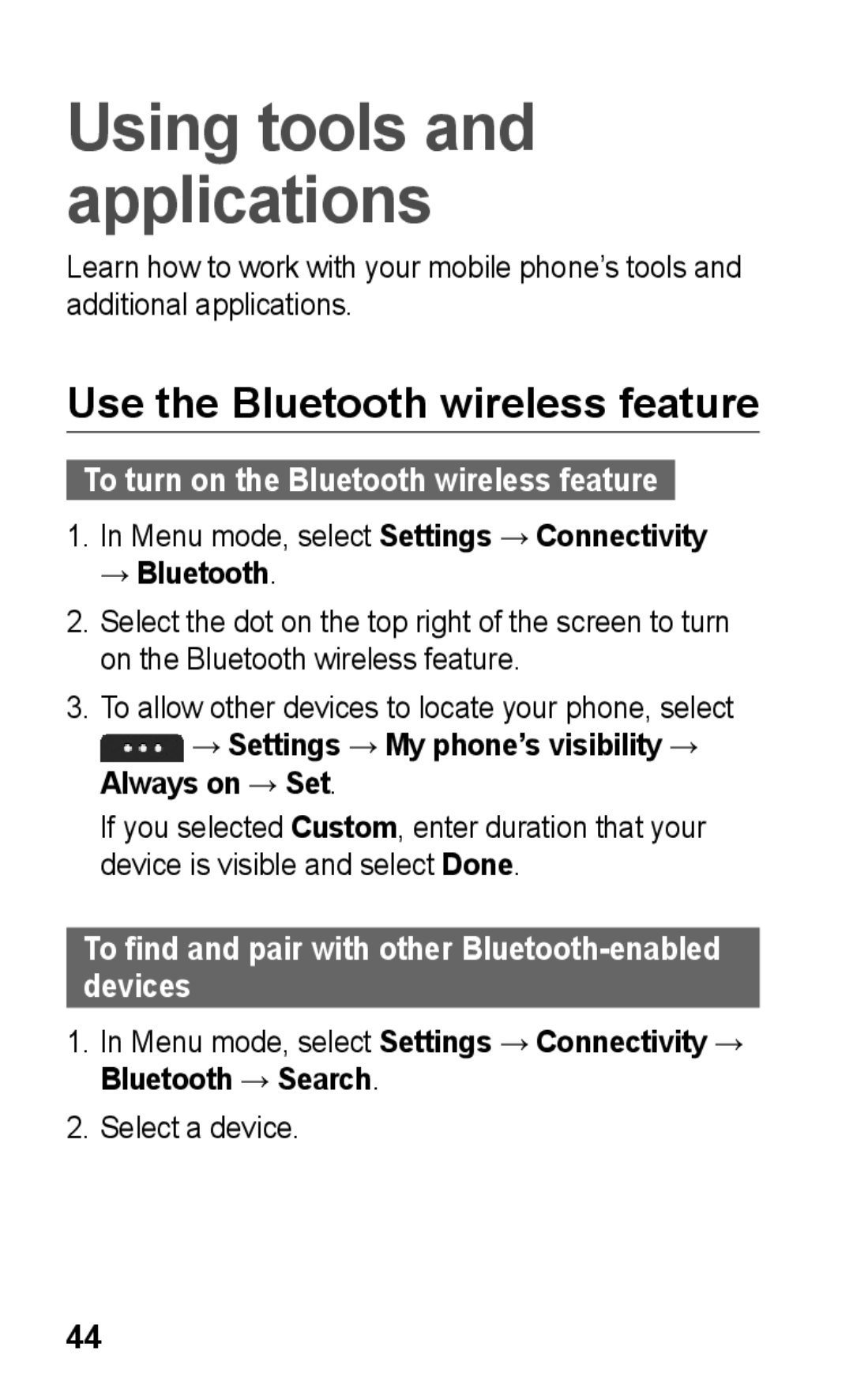 Samsung GT-S5260OKPXEF, GT-S5260RWPDBT, GT-S5260OKPDBT Using tools and applications, Use the Bluetooth wireless feature 