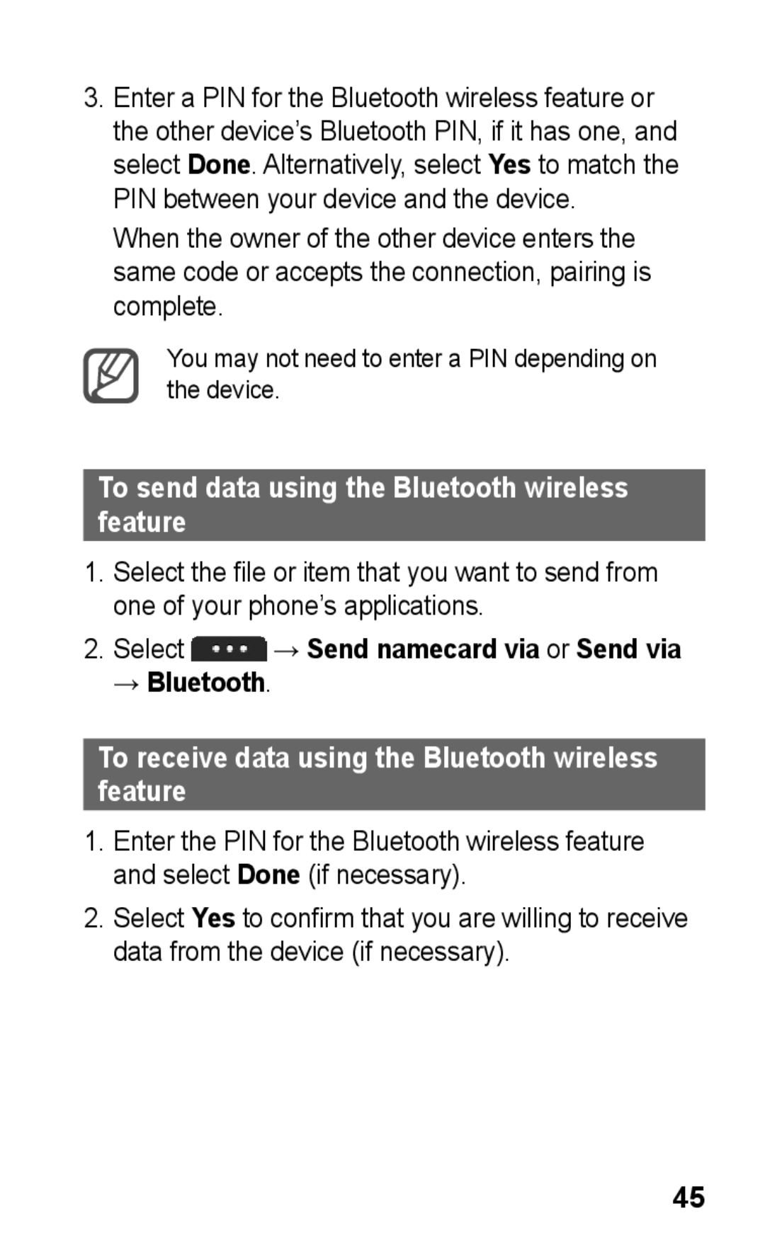 Samsung GT-S5260OKPFTM, GT-S5260RWPDBT, GT-S5260OKPDBT, GT-S5260RWPXEF To send data using the Bluetooth wireless feature 